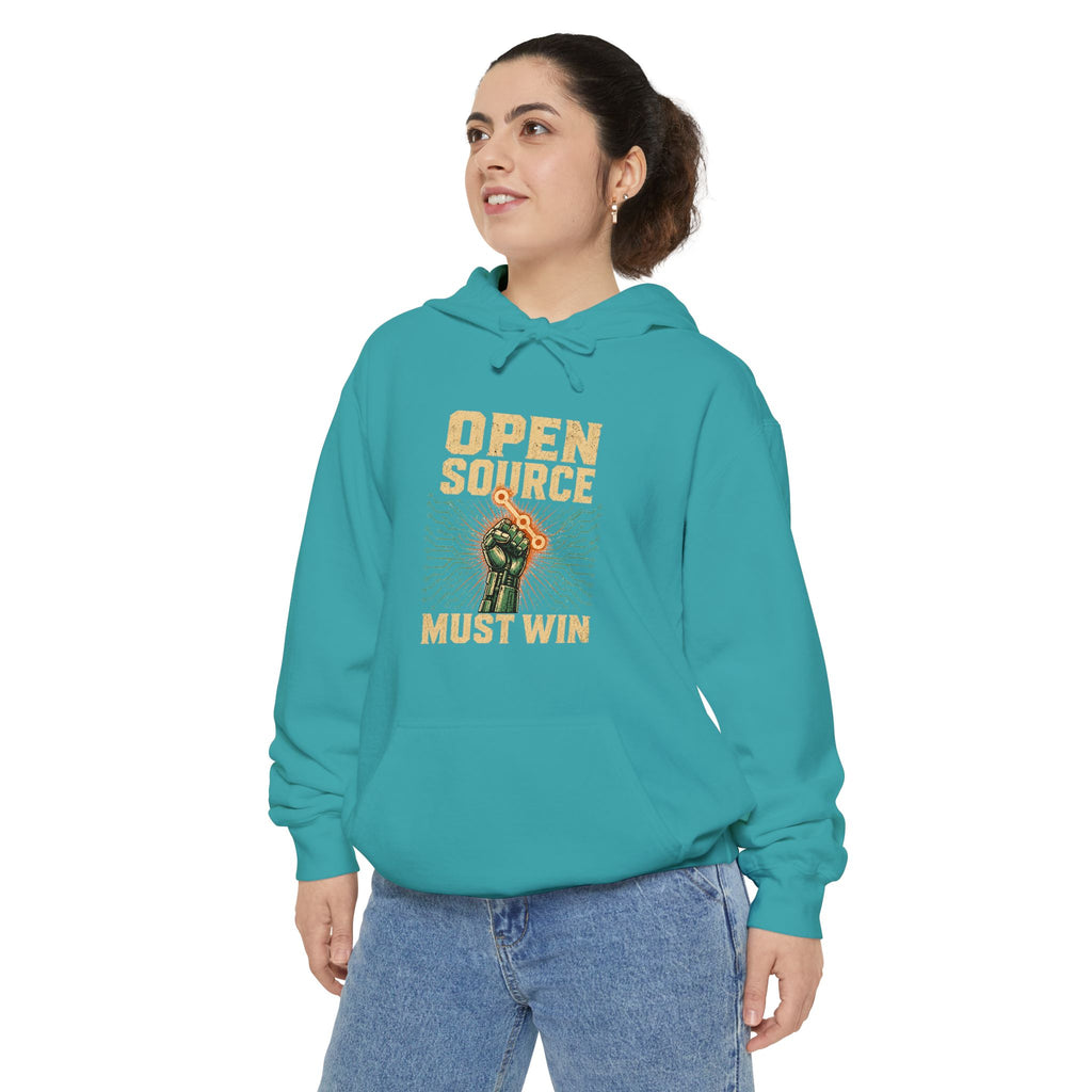 Open Source Must Win — Garment-Dyed Hoodie — Open Source Must Win — robotic fist holding a git branch, vintage propaganda style