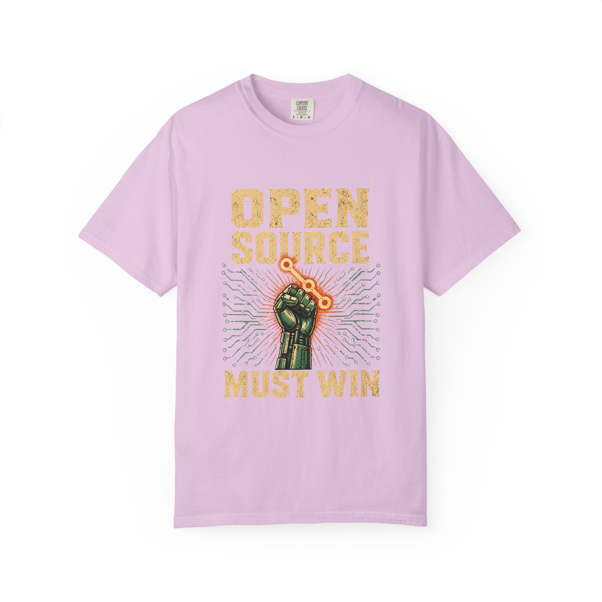 Open Source Must Win — Garment-Dyed Tee — Open Source Must Win — robotic fist holding a git branch, vintage propaganda style