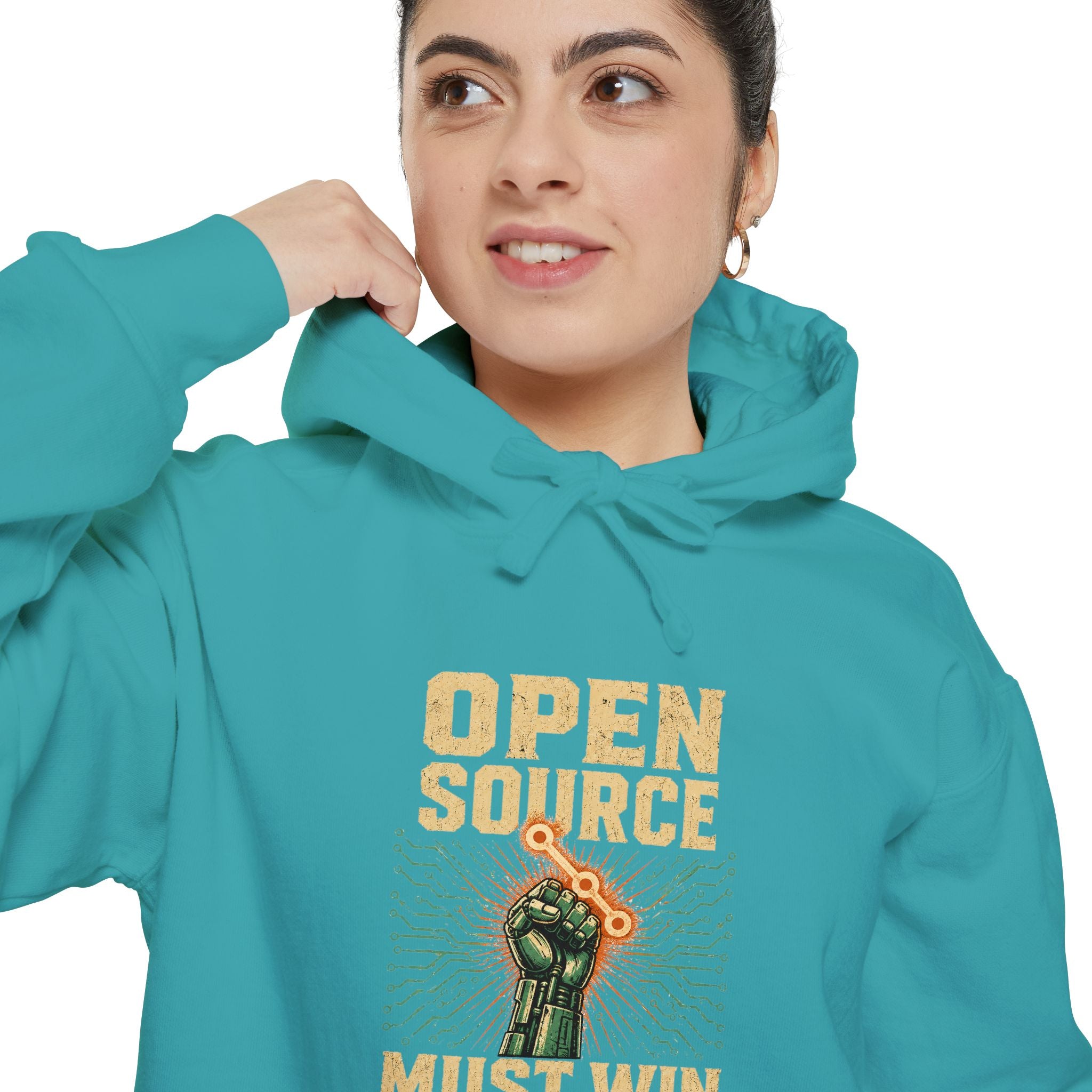 Open Source Must Win — Garment-Dyed Hoodie — Open Source Must Win — robotic fist holding a git branch, vintage propaganda style