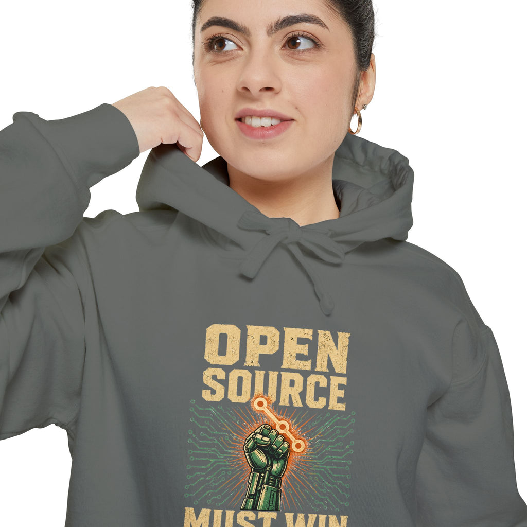 Open Source Must Win — Garment-Dyed Hoodie — Open Source Must Win — robotic fist holding a git branch, vintage propaganda style