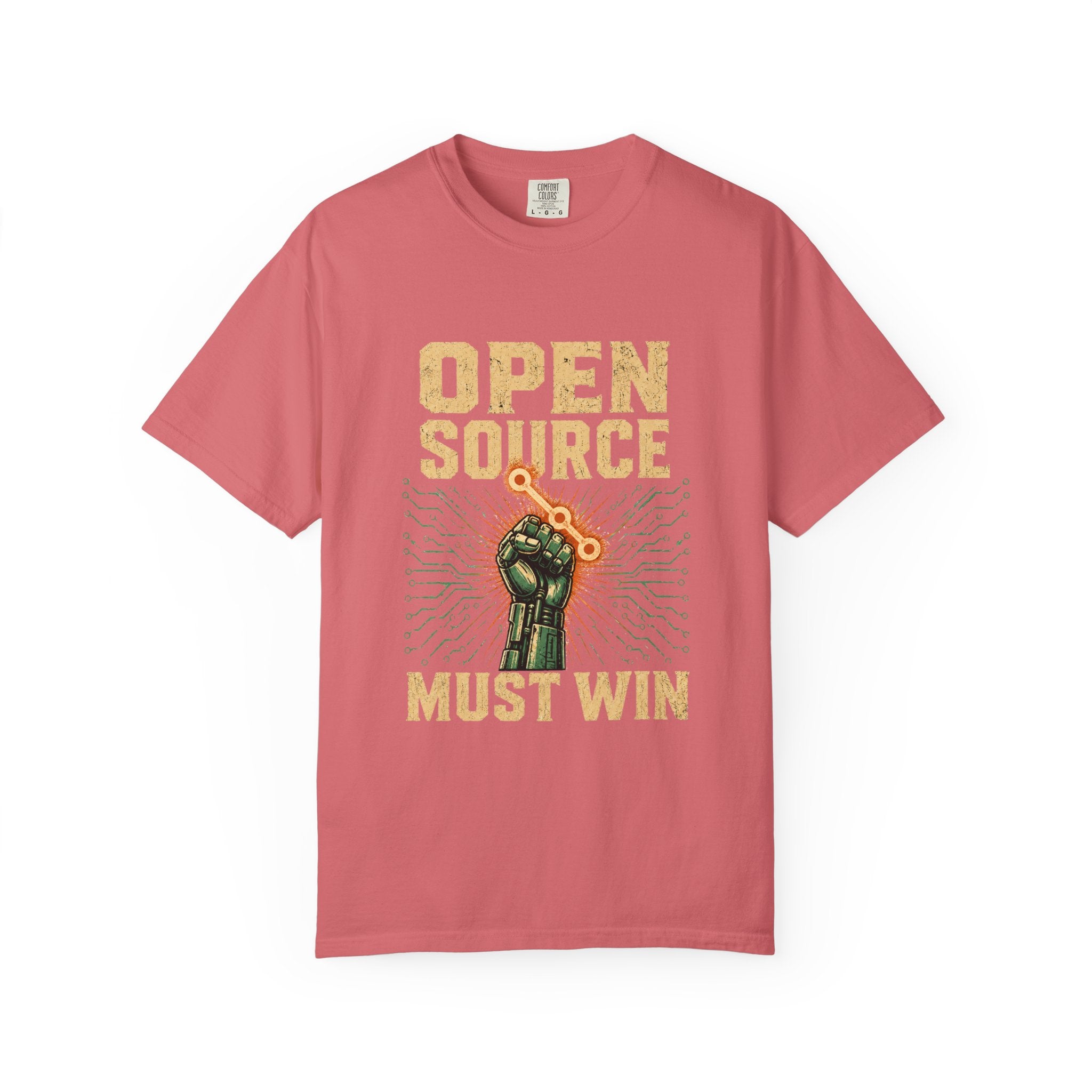 Open Source Must Win — Garment-Dyed Tee — Open Source Must Win — robotic fist holding a git branch, vintage propaganda style