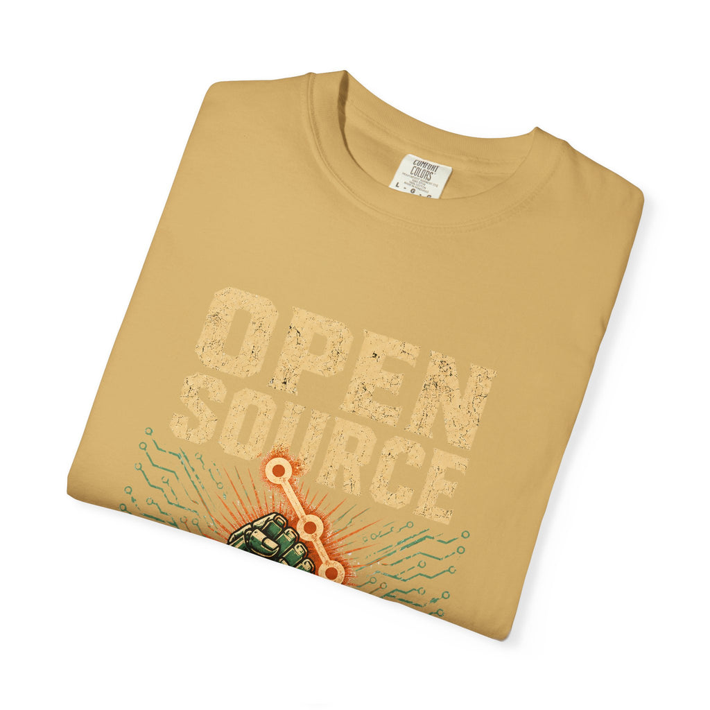 Open Source Must Win — Garment-Dyed Tee — Open Source Must Win — robotic fist holding a git branch, vintage propaganda style
