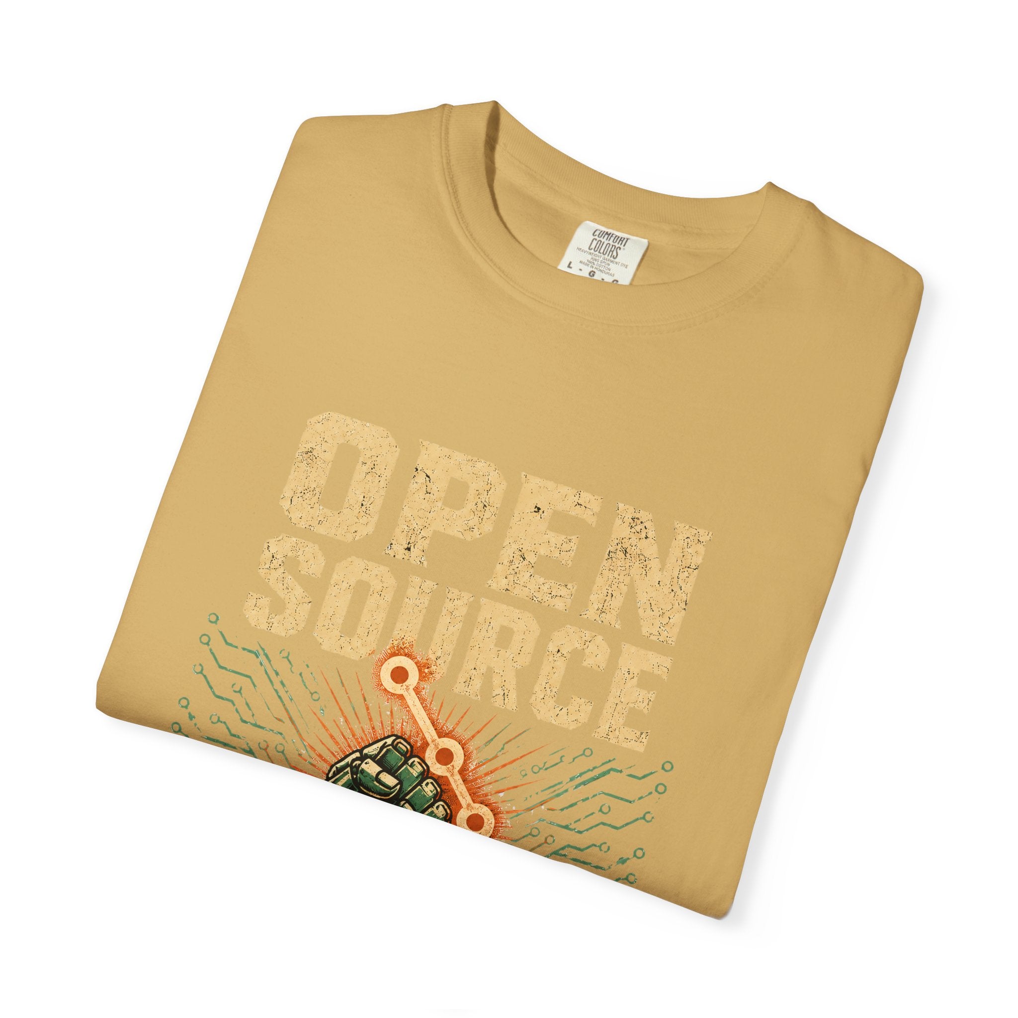 Open Source Must Win — Garment-Dyed Tee — Open Source Must Win — robotic fist holding a git branch, vintage propaganda style