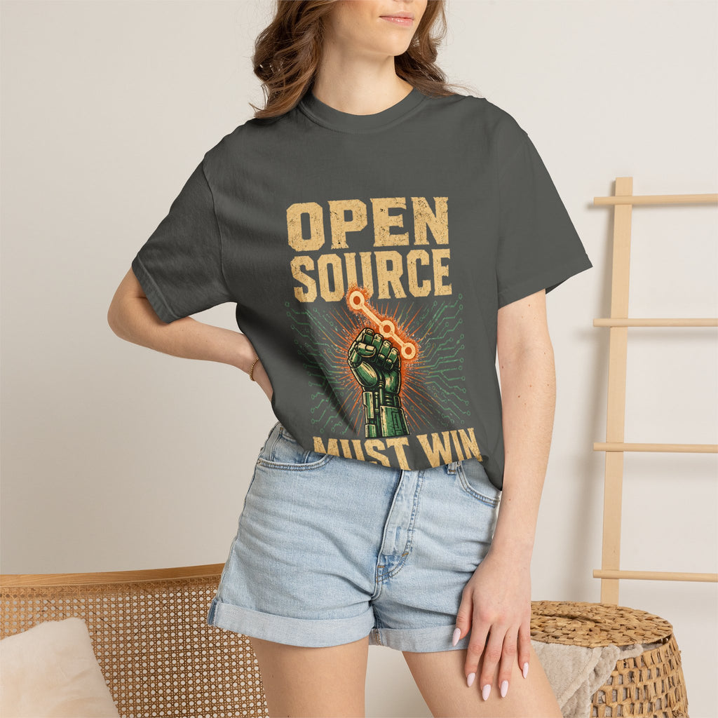 Open Source Must Win — Garment-Dyed Tee — Open Source Must Win — robotic fist holding a git branch, vintage propaganda style