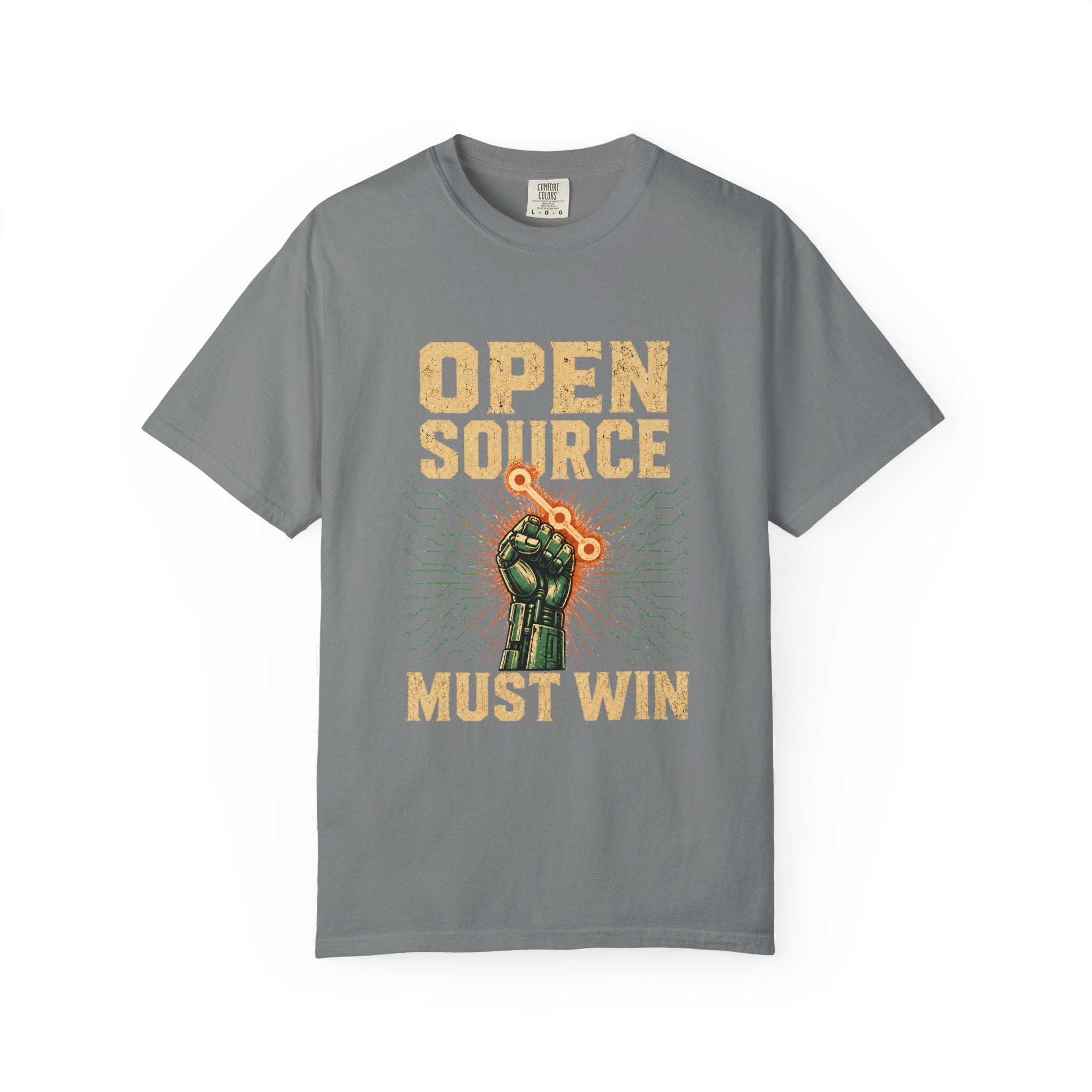 Open Source Must Win — Garment-Dyed Tee — Open Source Must Win — robotic fist holding a git branch, vintage propaganda style