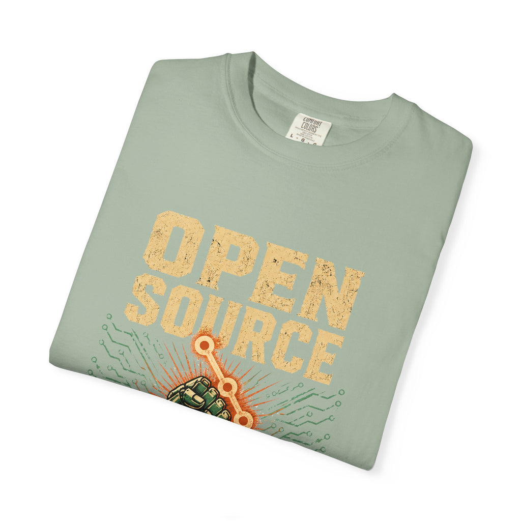 Open Source Must Win — Garment-Dyed Tee — Open Source Must Win — robotic fist holding a git branch, vintage propaganda style
