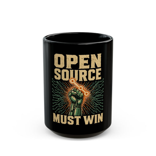 Open Source Must Win — Black Mug — Open Source Must Win — robotic fist holding a git branch, vintage propaganda style