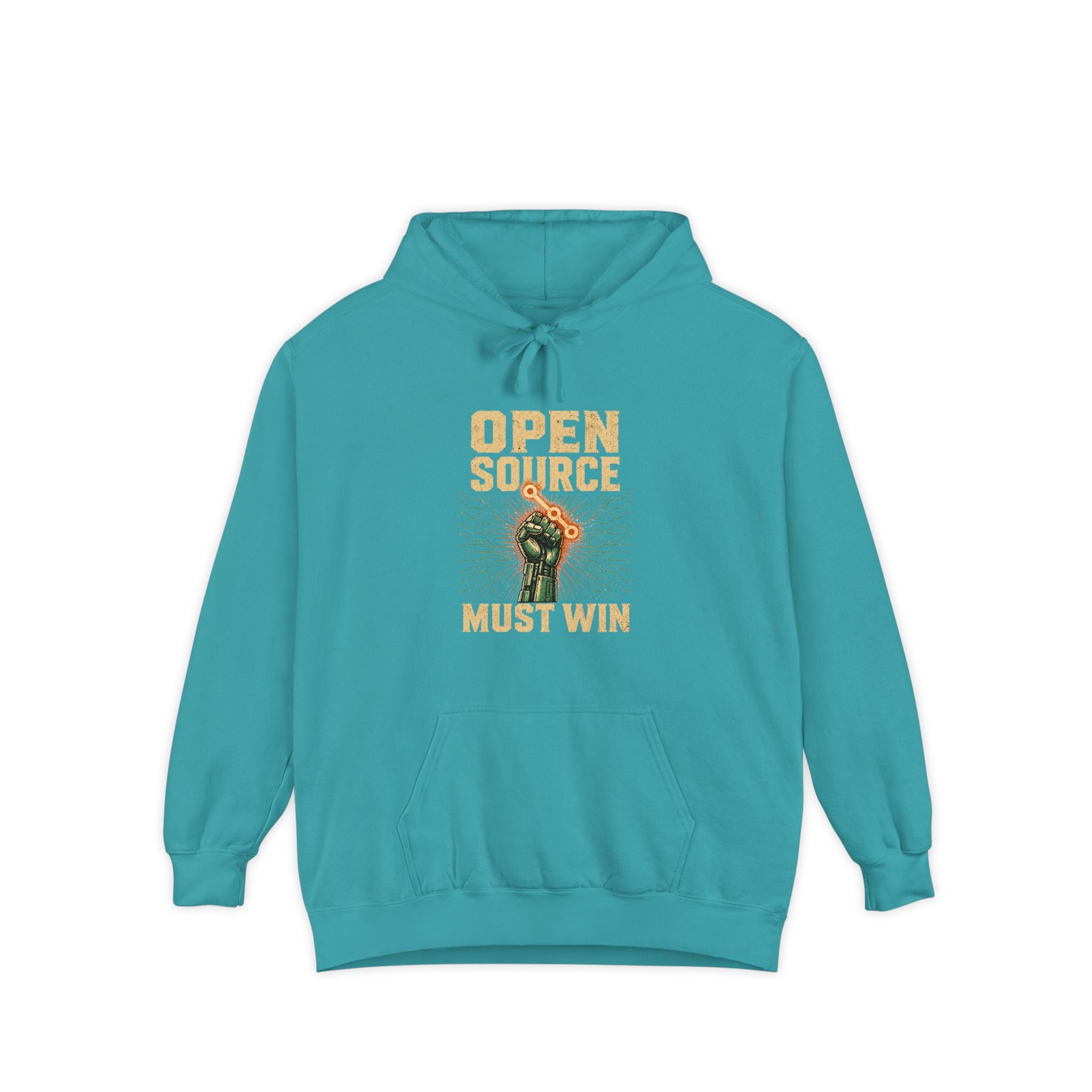 Open Source Must Win — Garment-Dyed Hoodie — Open Source Must Win — robotic fist holding a git branch, vintage propaganda style