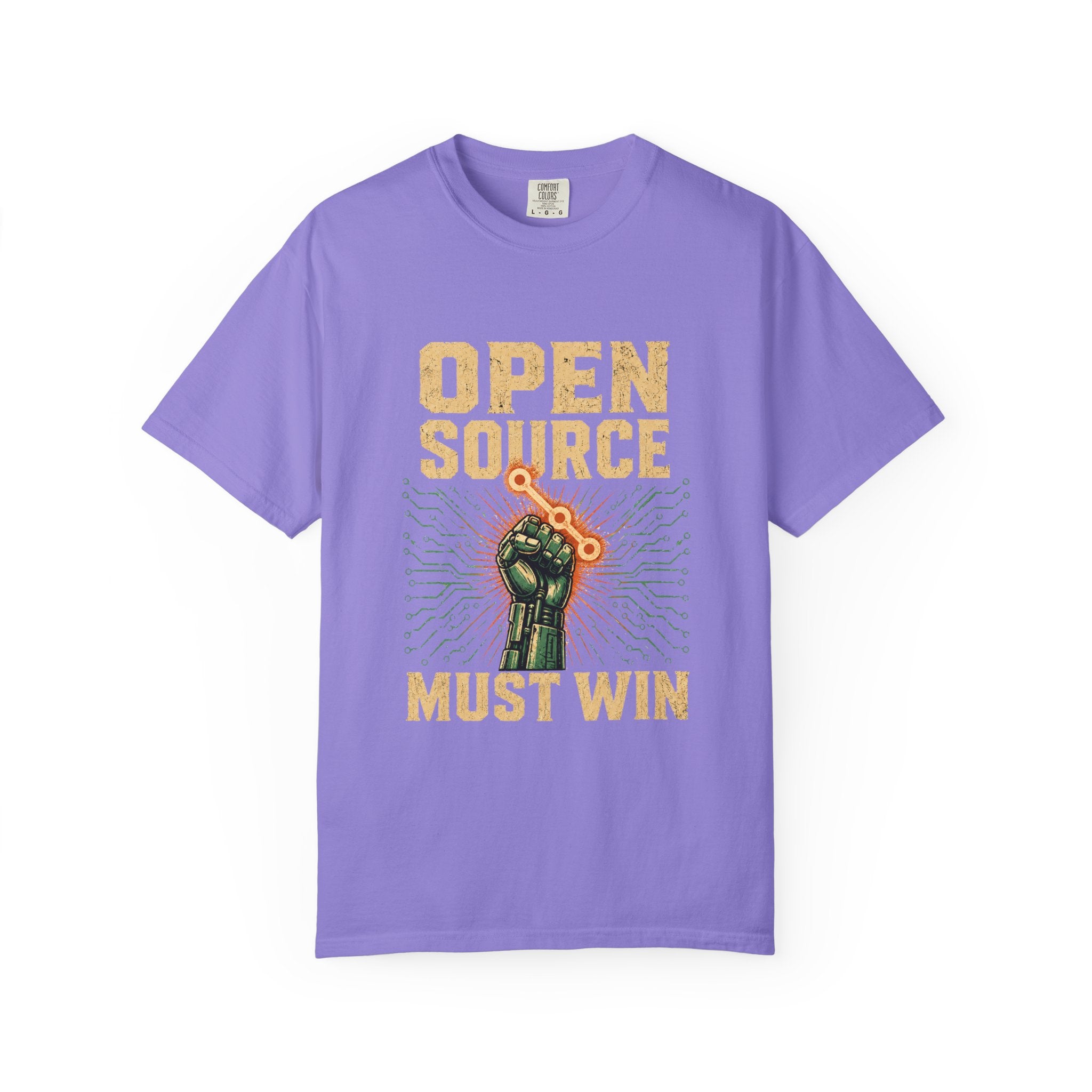 Open Source Must Win — Garment-Dyed Tee — Open Source Must Win — robotic fist holding a git branch, vintage propaganda style