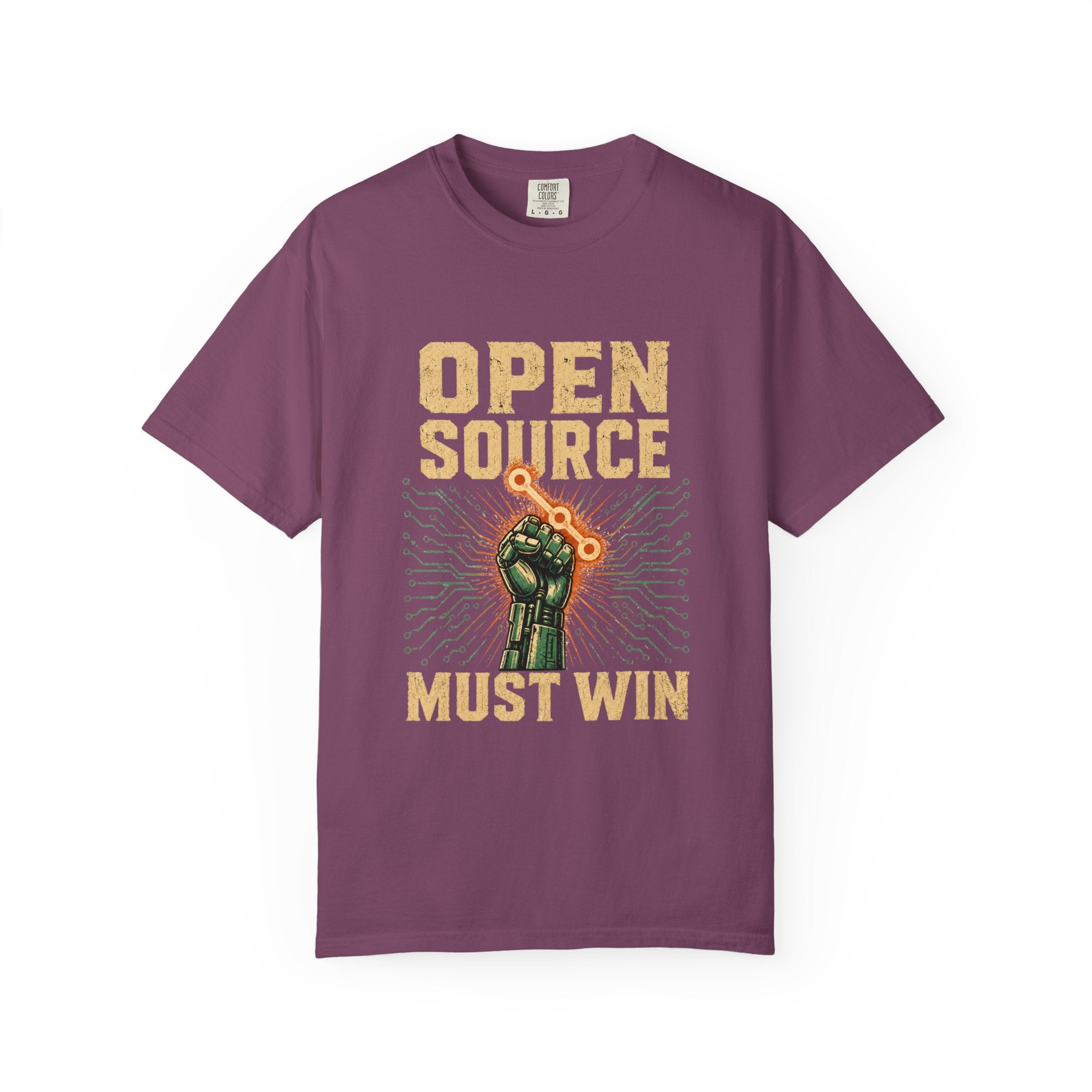 Open Source Must Win — Garment-Dyed Tee — Open Source Must Win — robotic fist holding a git branch, vintage propaganda style