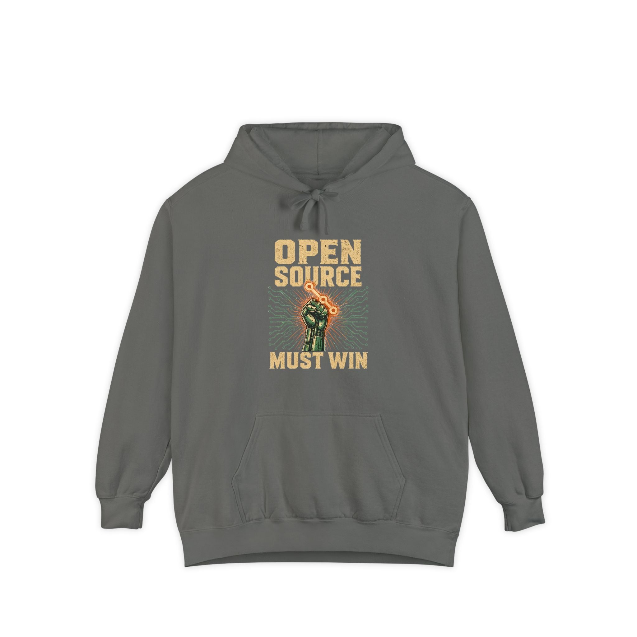 Open Source Must Win — Garment-Dyed Hoodie — Open Source Must Win — robotic fist holding a git branch, vintage propaganda style