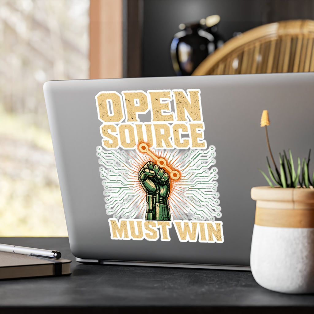 Open Source Must Win — Vinyl Sticker — Open Source Must Win — robotic fist holding a git branch, vintage propaganda style
