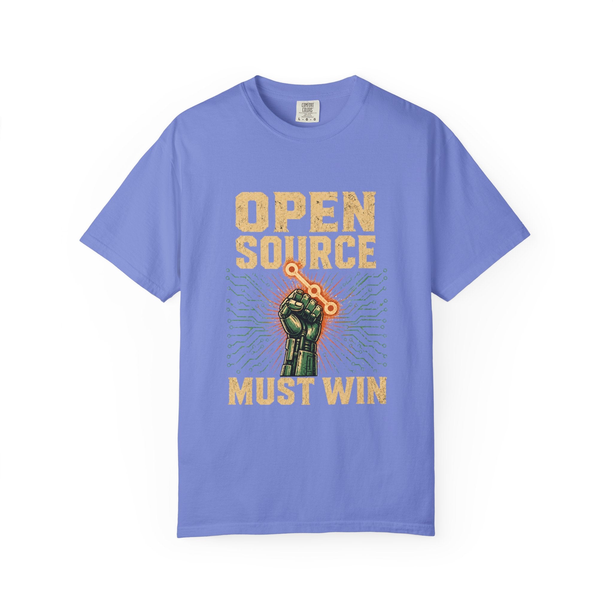 Open Source Must Win — Garment-Dyed Tee — Open Source Must Win — robotic fist holding a git branch, vintage propaganda style