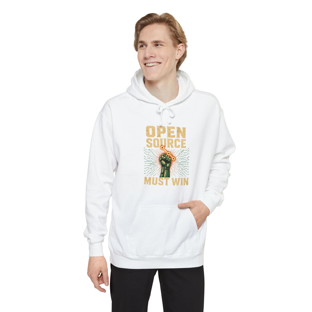 Open Source Must Win — Garment-Dyed Hoodie — Open Source Must Win — robotic fist holding a git branch, vintage propaganda style