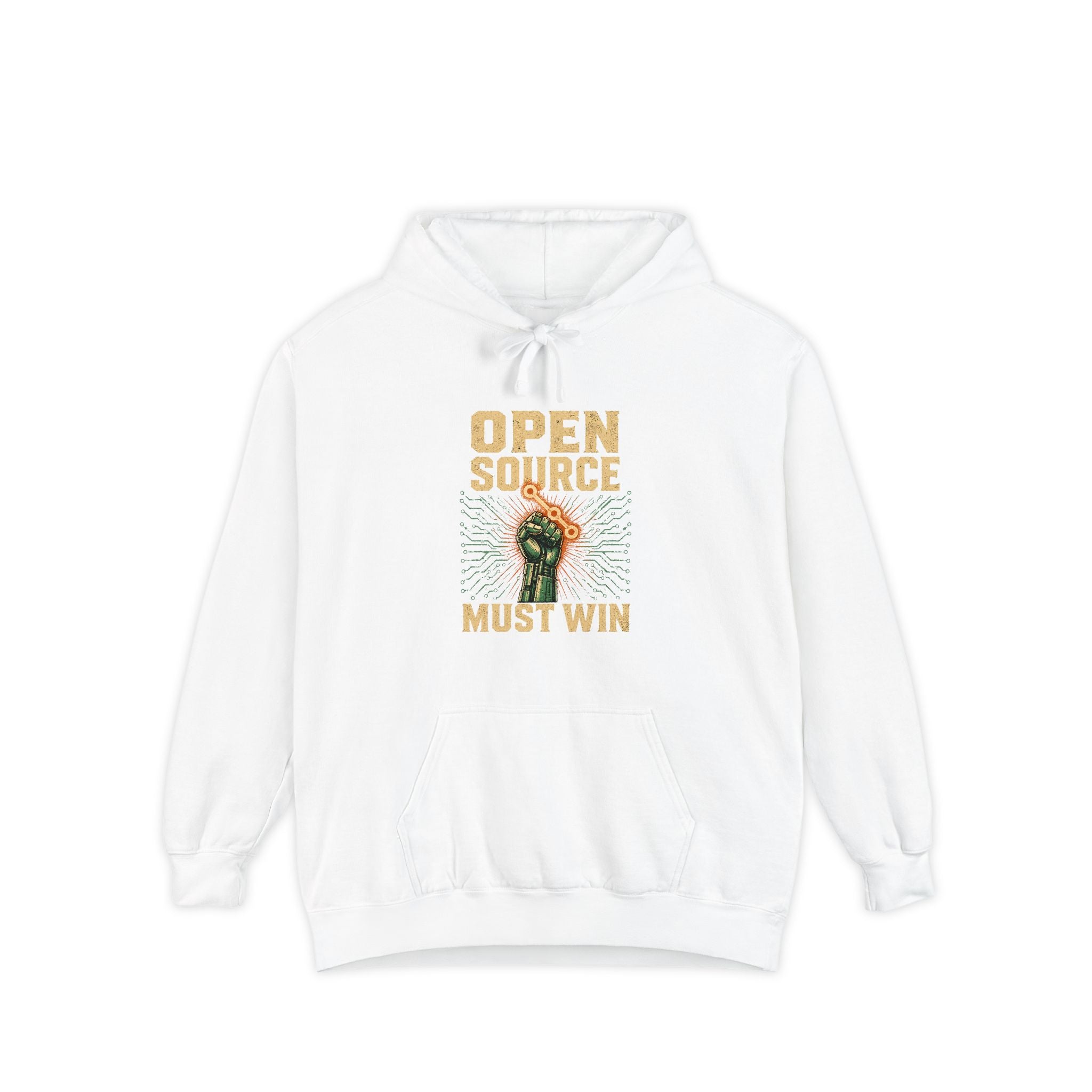 Open Source Must Win — Garment-Dyed Hoodie — Open Source Must Win — robotic fist holding a git branch, vintage propaganda style
