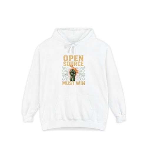 Open Source Must Win — Garment-Dyed Hoodie — Open Source Must Win — robotic fist holding a git branch, vintage propaganda style
