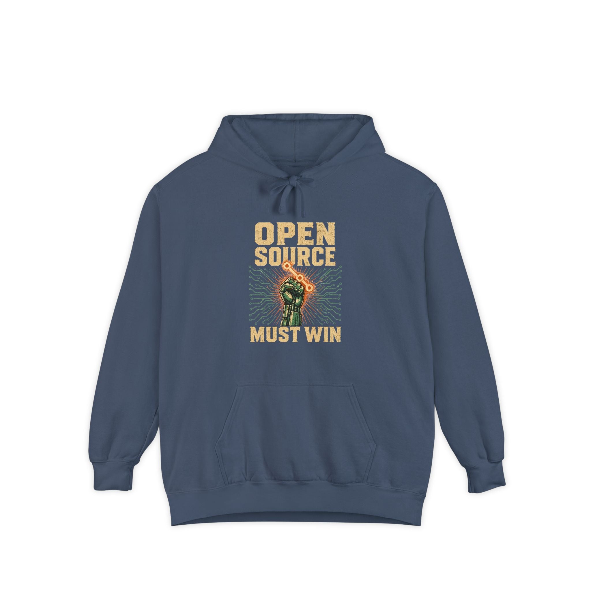 Open Source Must Win — Garment-Dyed Hoodie — Open Source Must Win — robotic fist holding a git branch, vintage propaganda style