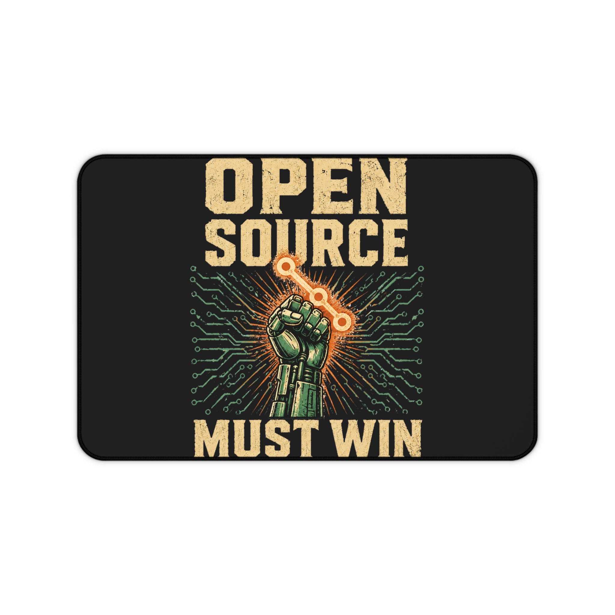Open Source Must Win — Desk Mat — Open Source Must Win — robotic fist holding a git branch, vintage propaganda style