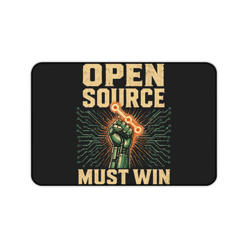 Open Source Must Win — Desk Mat — Open Source Must Win — robotic fist holding a git branch, vintage propaganda style