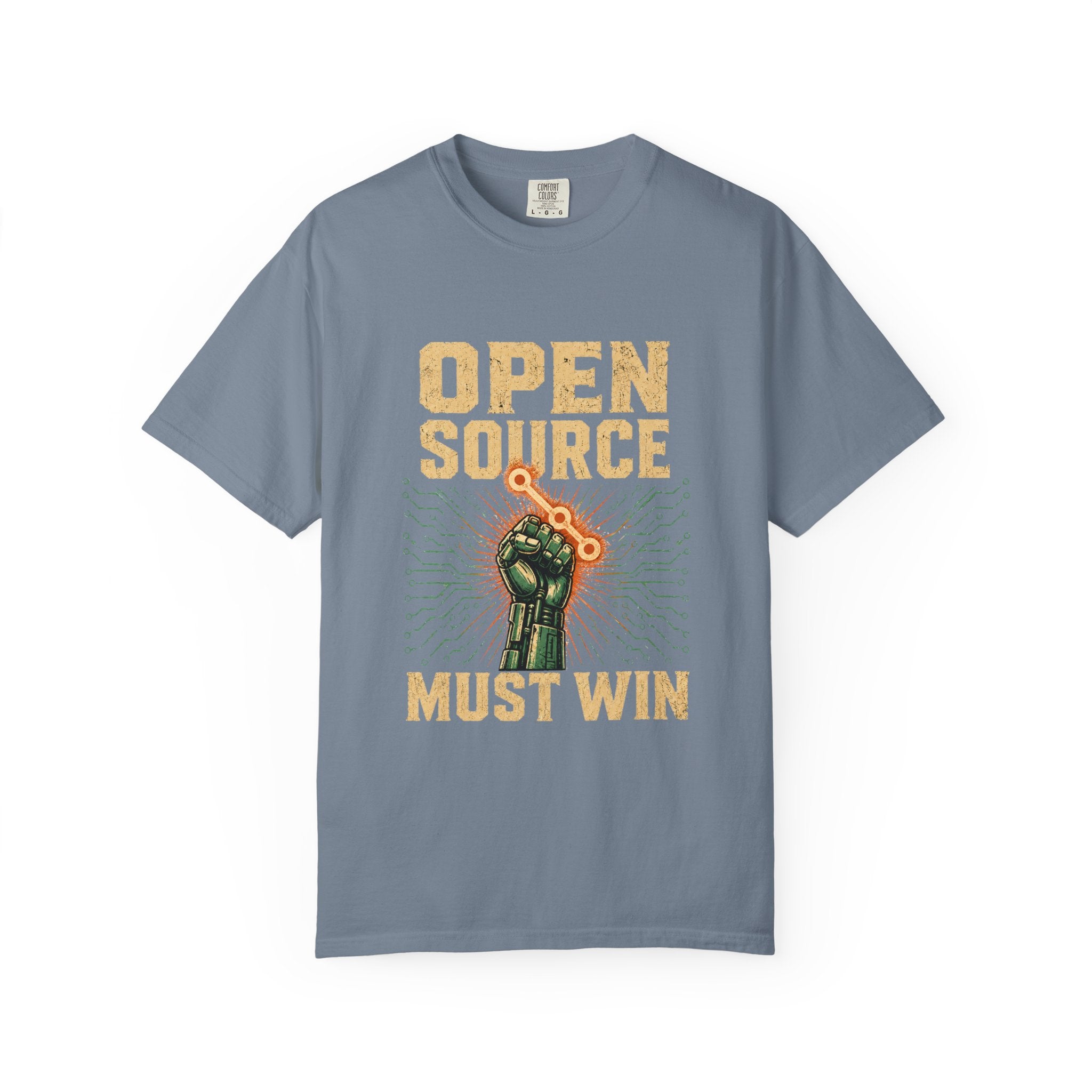 Open Source Must Win — Garment-Dyed Tee — Open Source Must Win — robotic fist holding a git branch, vintage propaganda style