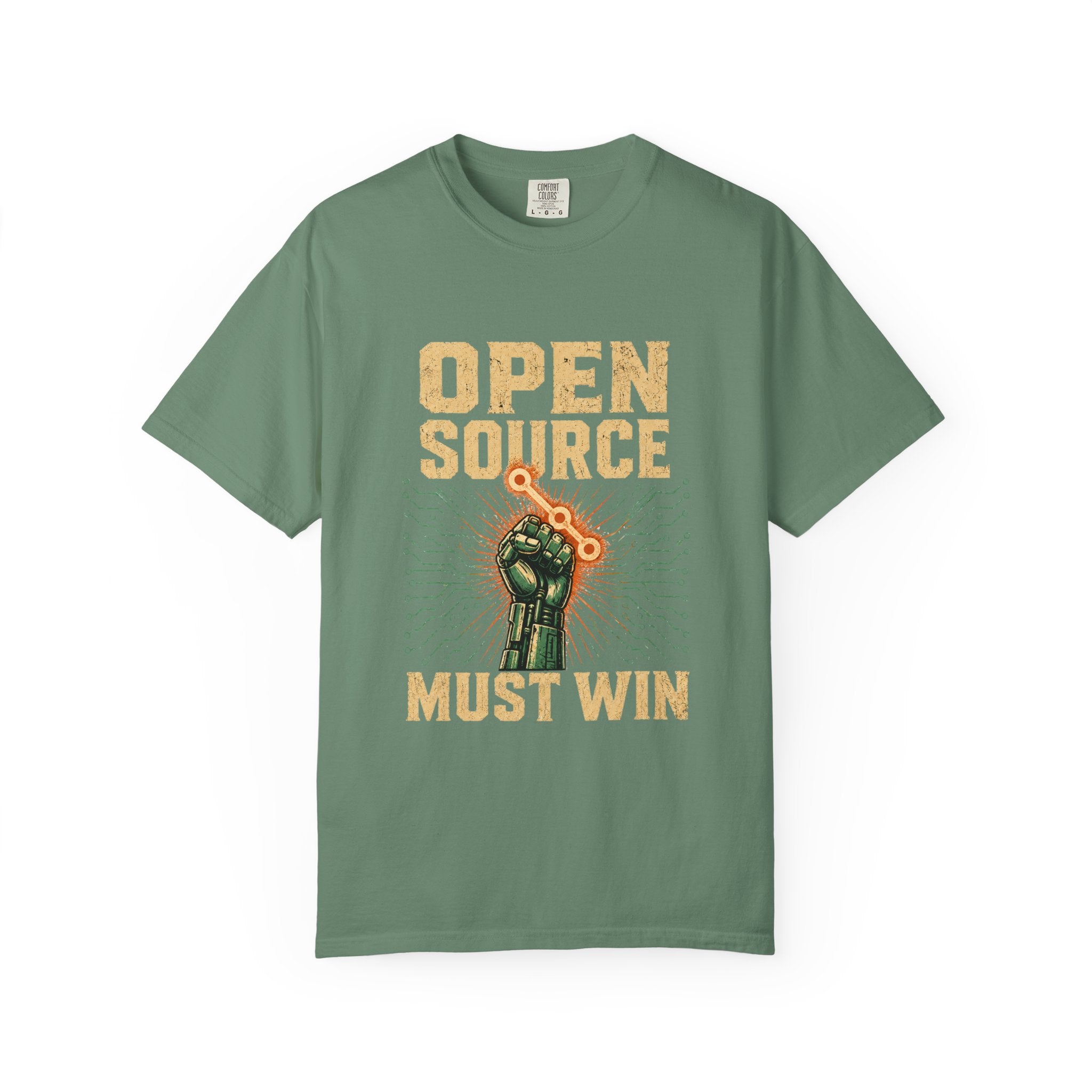 Open Source Must Win — Garment-Dyed Tee — Open Source Must Win — robotic fist holding a git branch, vintage propaganda style