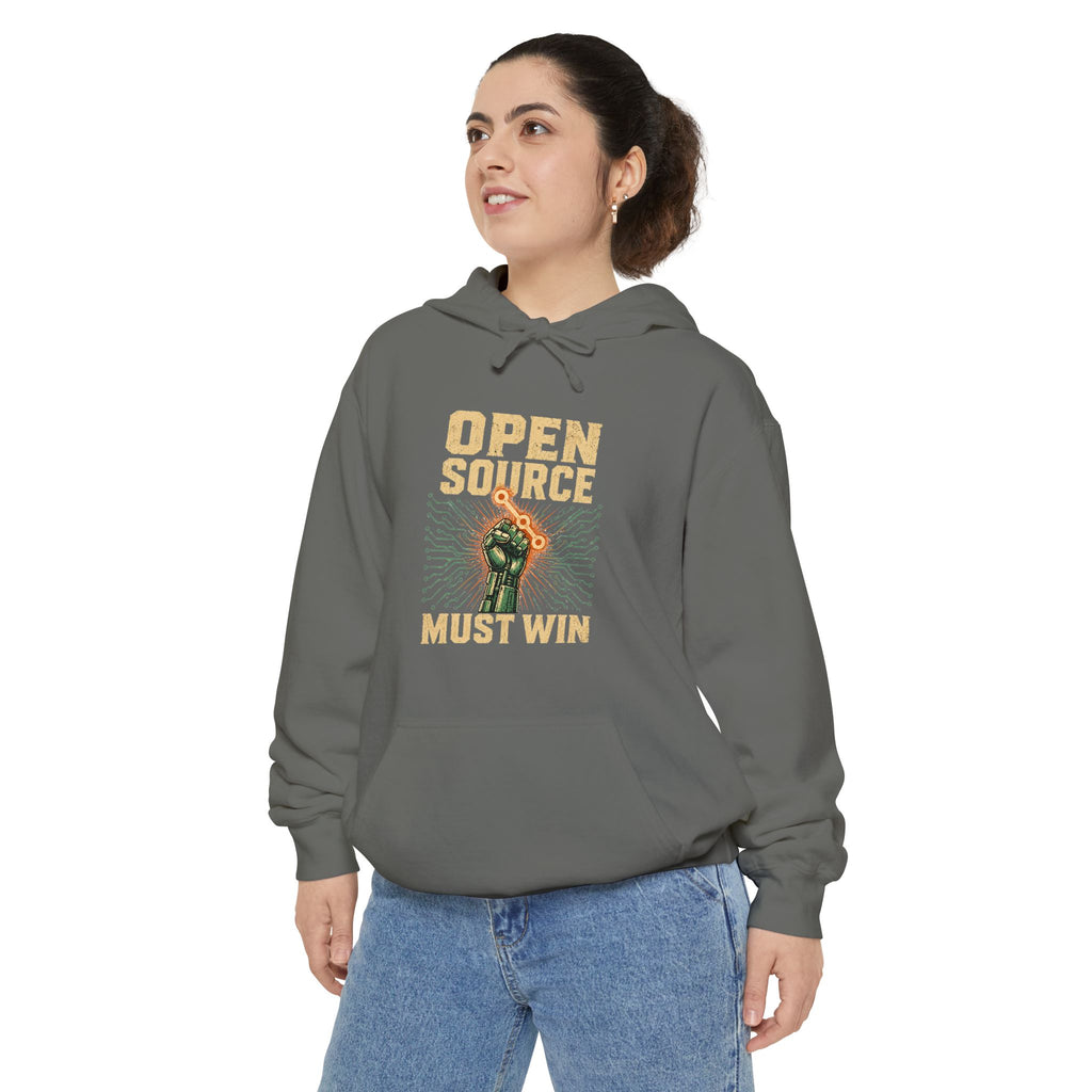 Open Source Must Win — Garment-Dyed Hoodie — Open Source Must Win — robotic fist holding a git branch, vintage propaganda style