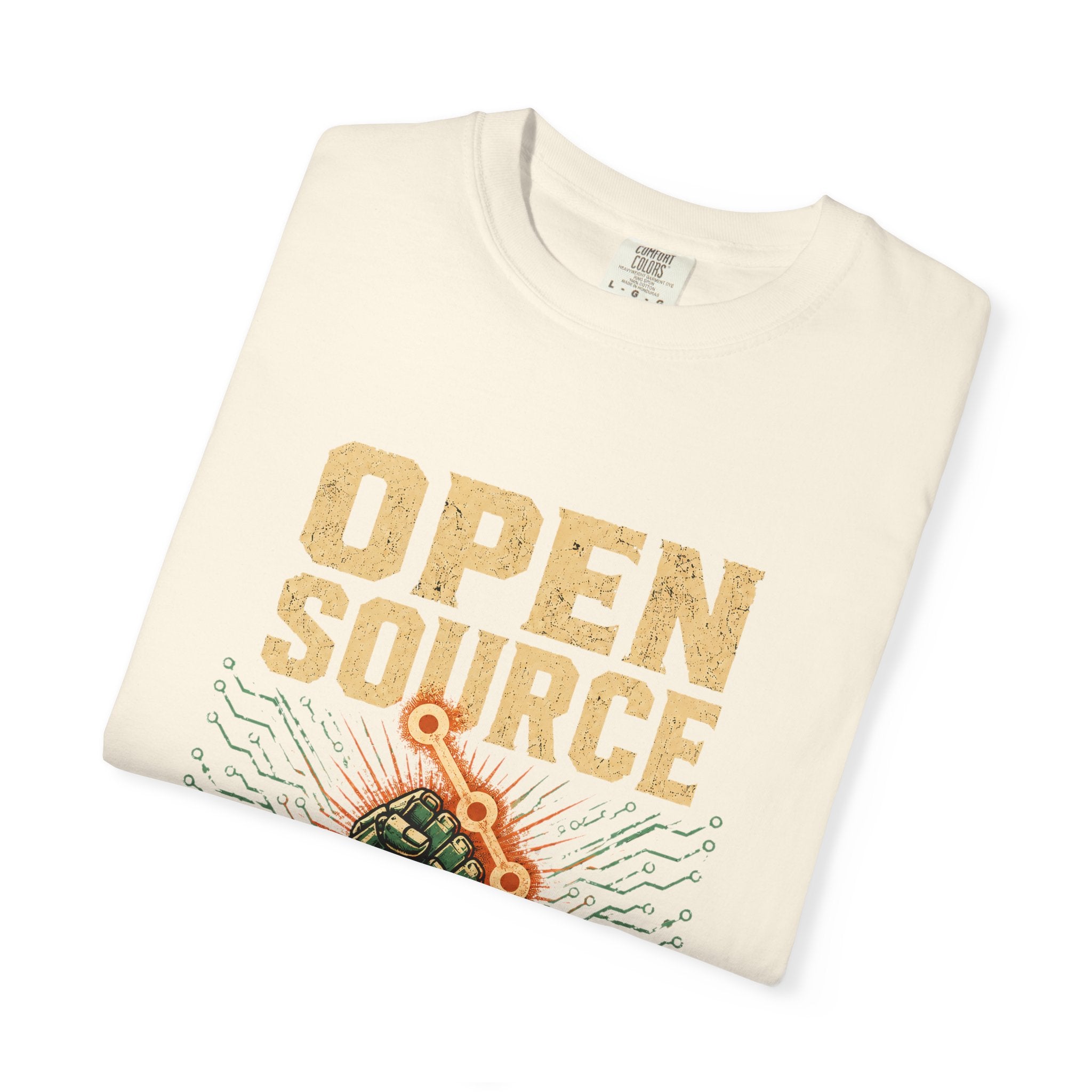 Open Source Must Win — Garment-Dyed Tee — Open Source Must Win — robotic fist holding a git branch, vintage propaganda style