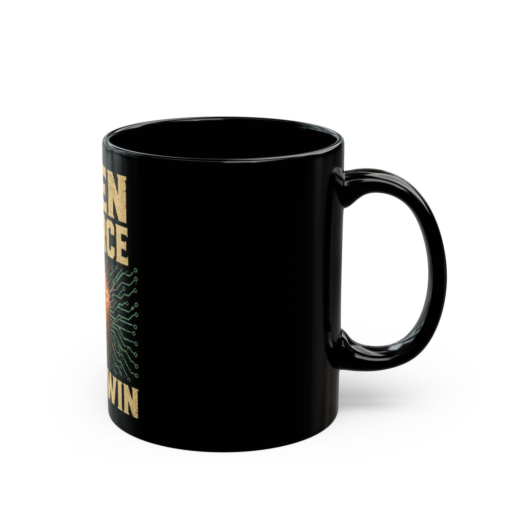 Open Source Must Win — Black Mug — Open Source Must Win — robotic fist holding a git branch, vintage propaganda style