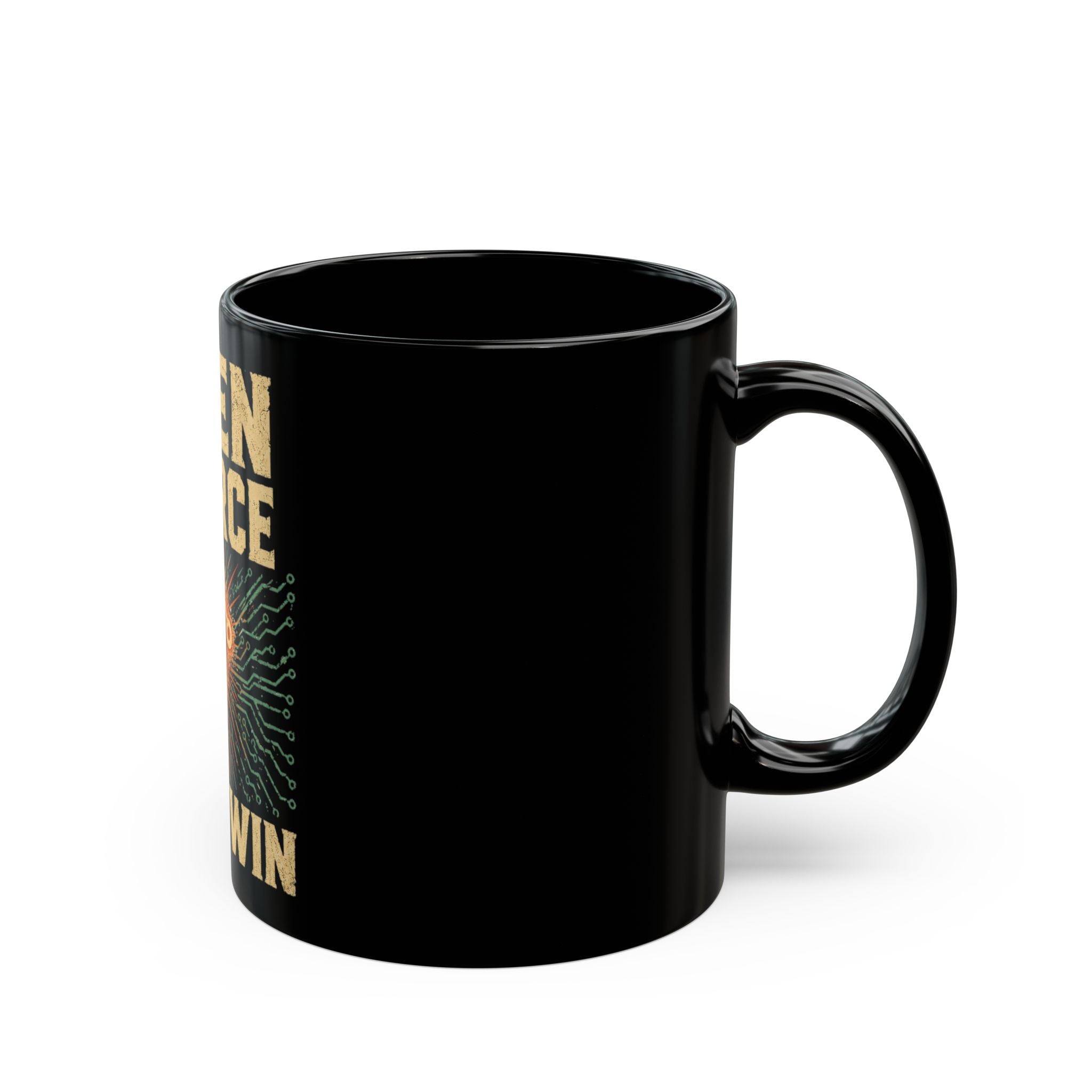 Open Source Must Win — Black Mug — Open Source Must Win — robotic fist holding a git branch, vintage propaganda style