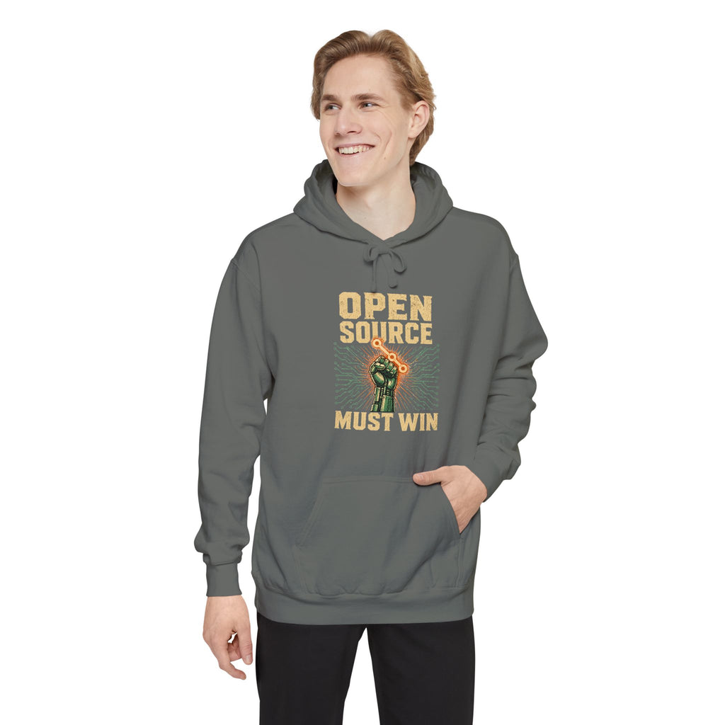 Open Source Must Win — Garment-Dyed Hoodie — Open Source Must Win — robotic fist holding a git branch, vintage propaganda style
