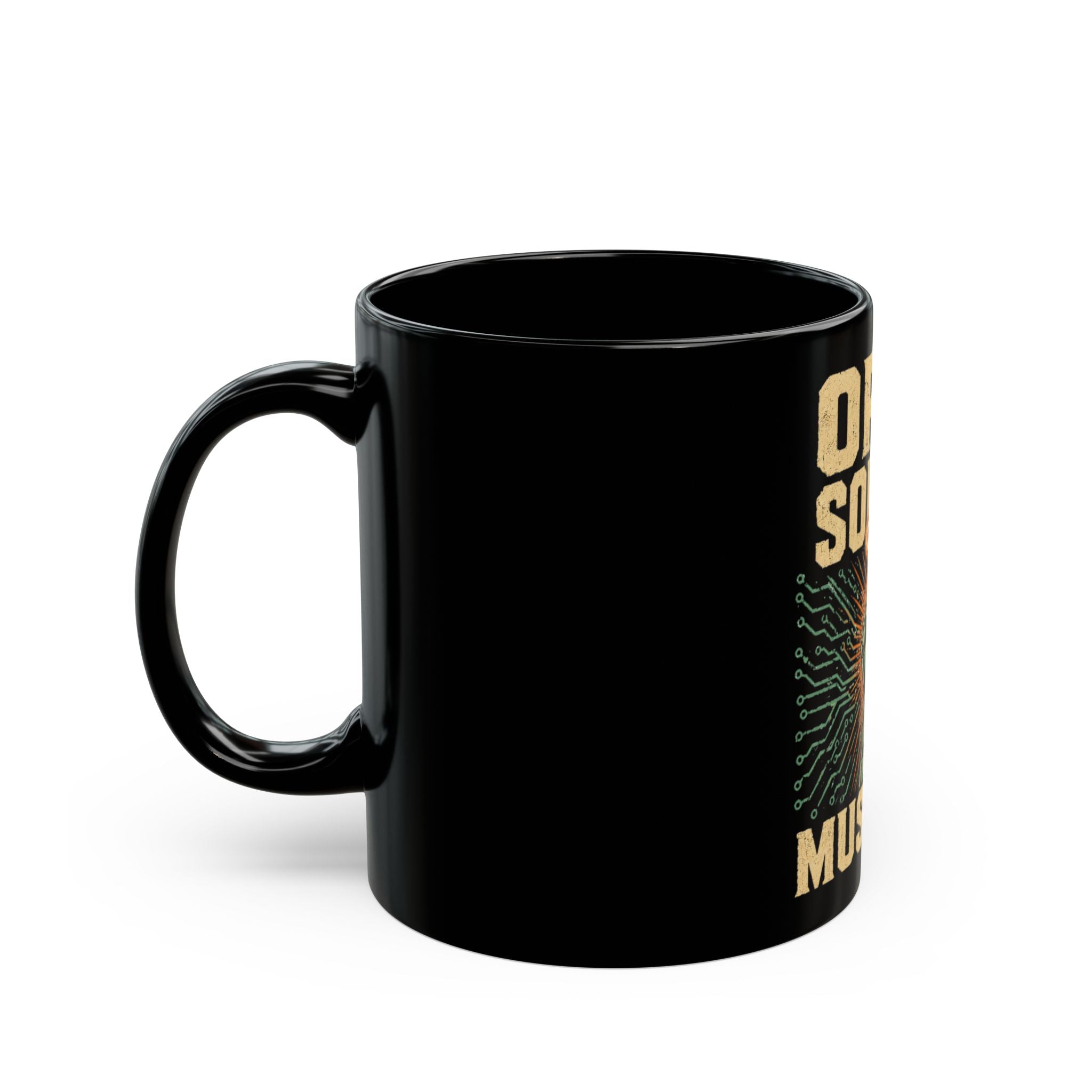 Open Source Must Win — Black Mug — Open Source Must Win — robotic fist holding a git branch, vintage propaganda style