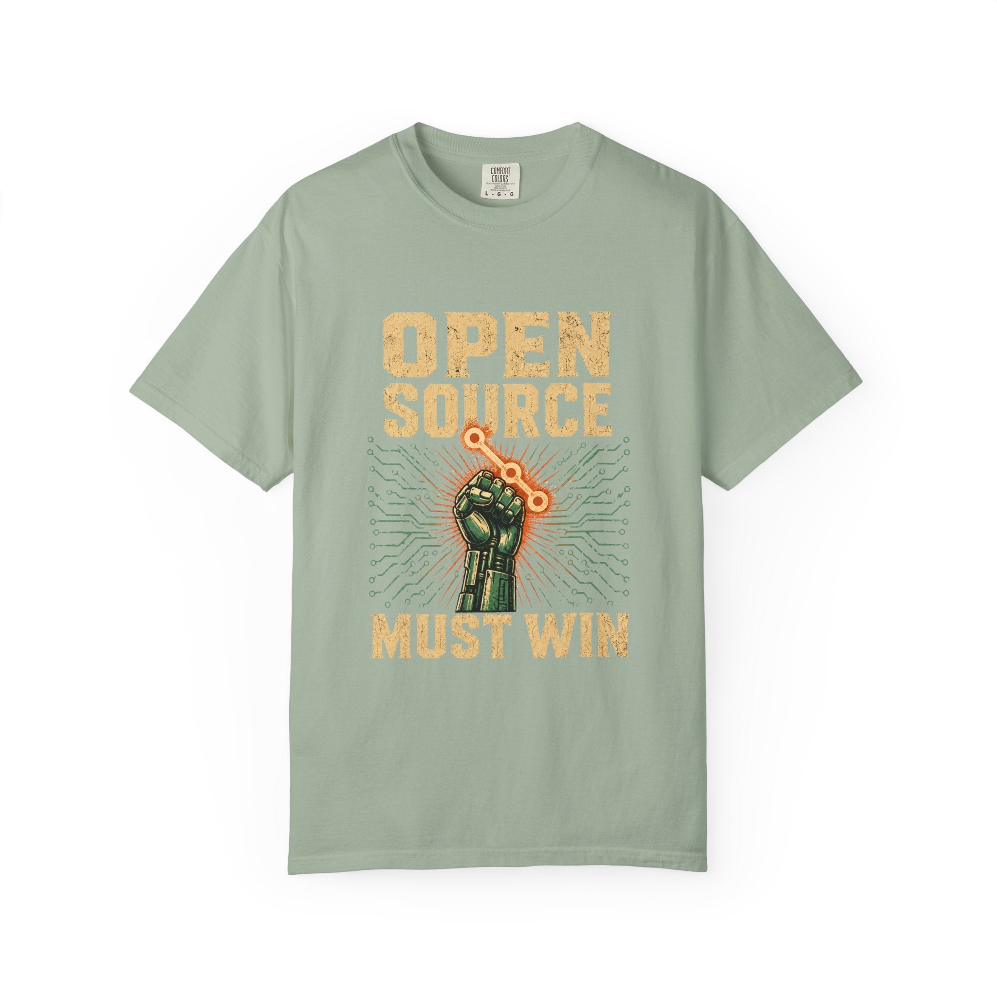 Open Source Must Win — Garment-Dyed Tee — Open Source Must Win — robotic fist holding a git branch, vintage propaganda style