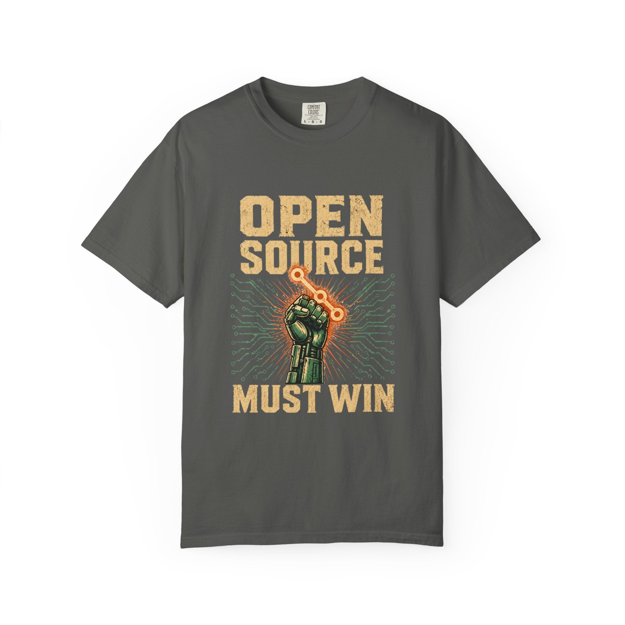 Open Source Must Win — Garment-Dyed Tee — Open Source Must Win — robotic fist holding a git branch, vintage propaganda style