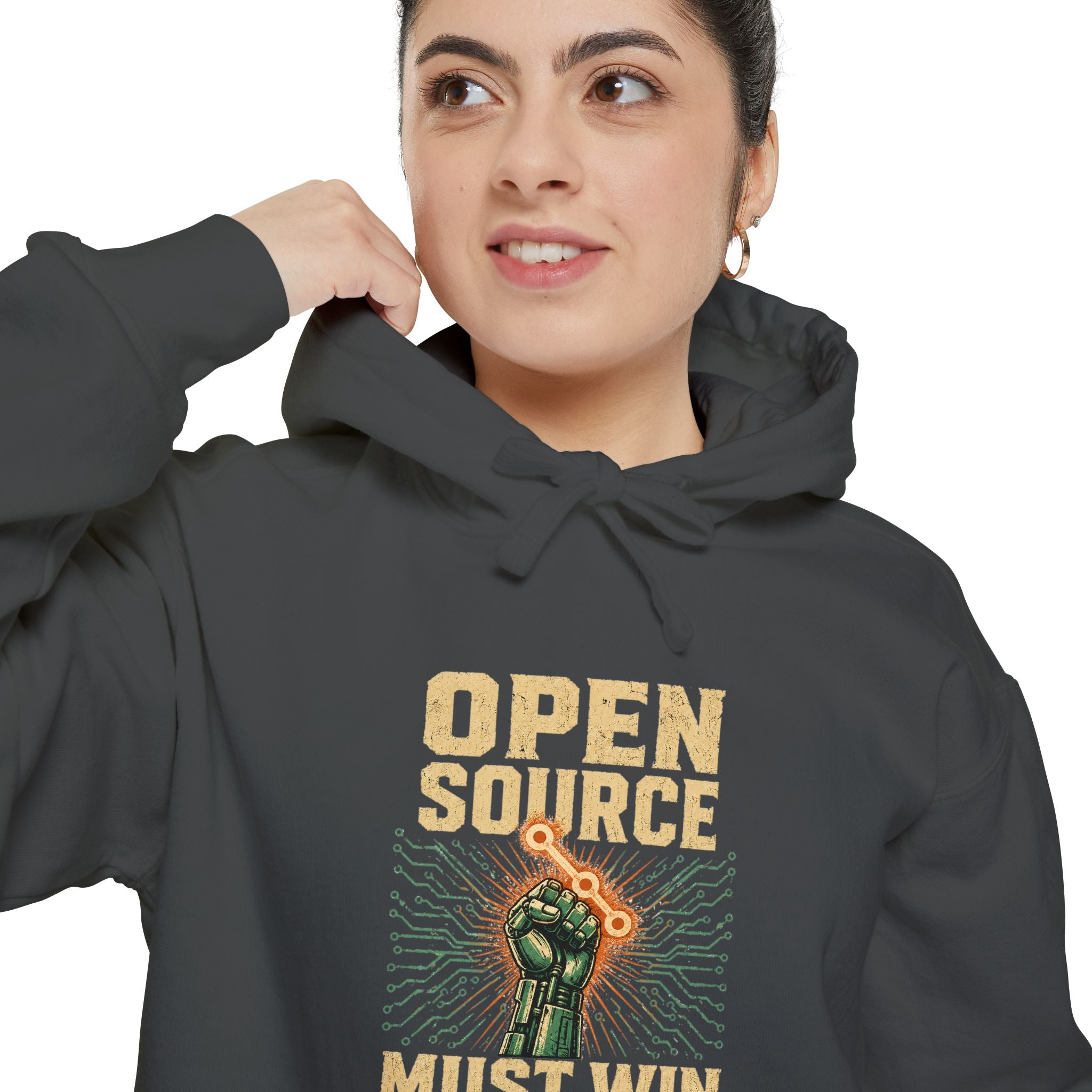 Open Source Must Win — Garment-Dyed Hoodie — Open Source Must Win — robotic fist holding a git branch, vintage propaganda style