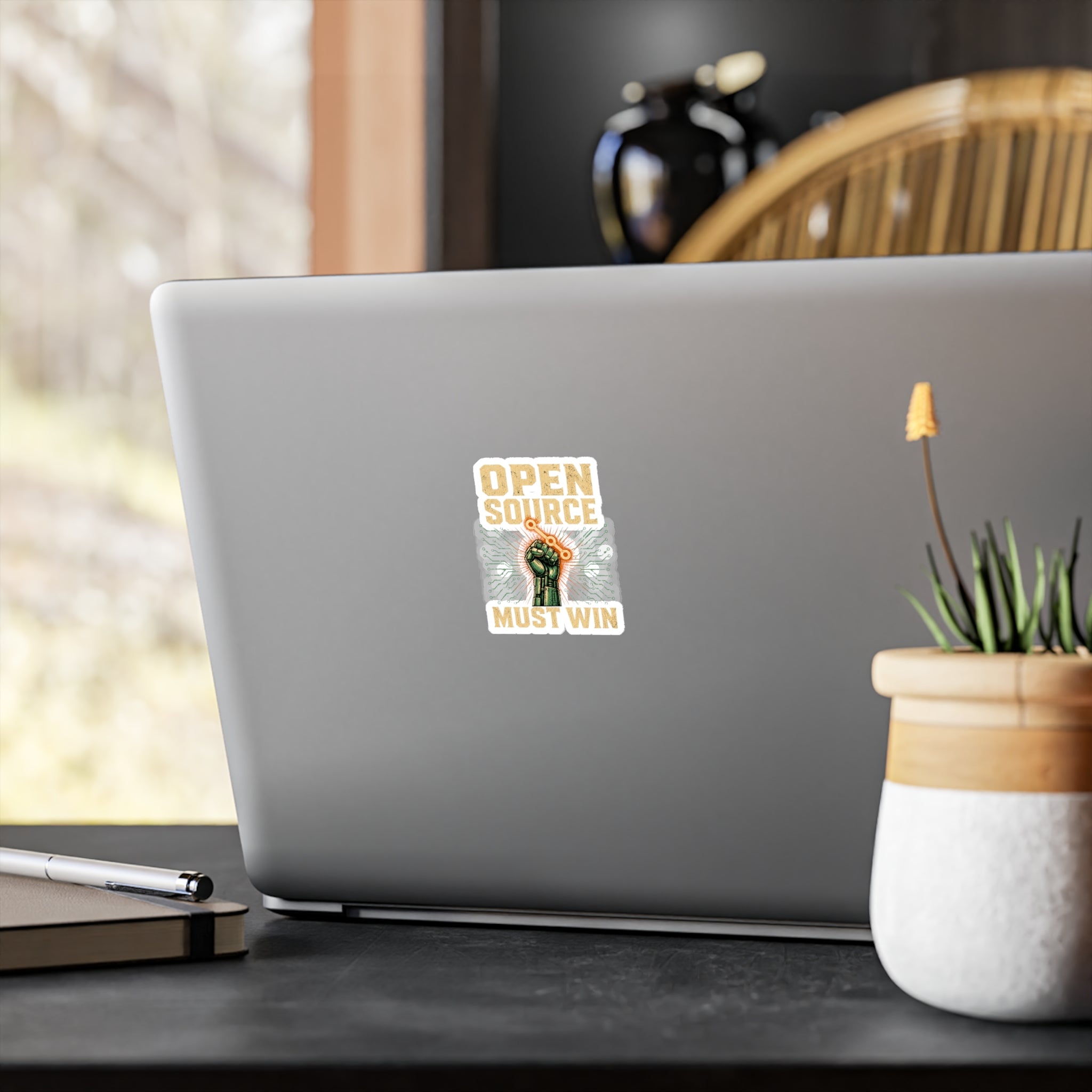 Open Source Must Win — Vinyl Sticker — Open Source Must Win — robotic fist holding a git branch, vintage propaganda style