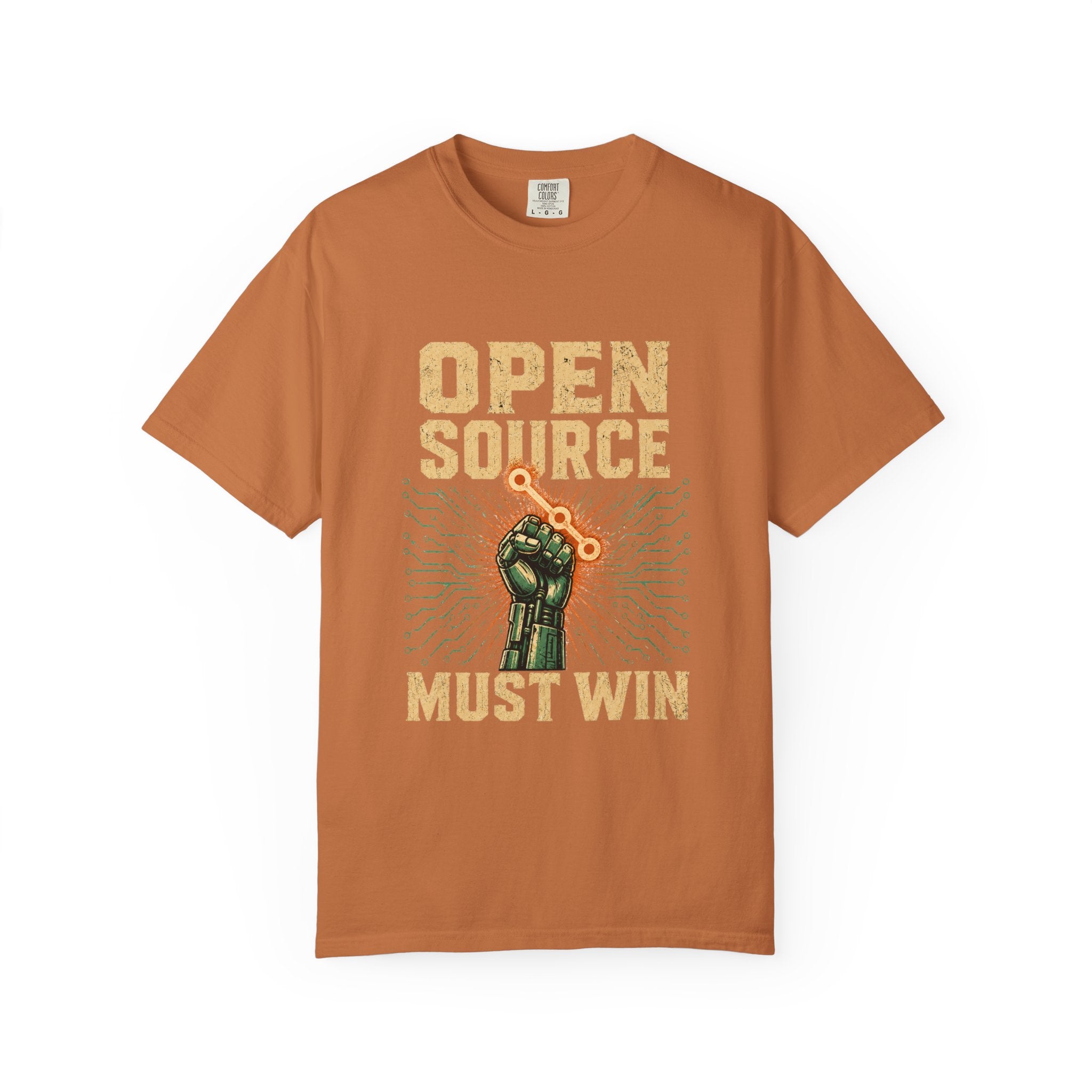 Open Source Must Win — Garment-Dyed Tee — Open Source Must Win — robotic fist holding a git branch, vintage propaganda style
