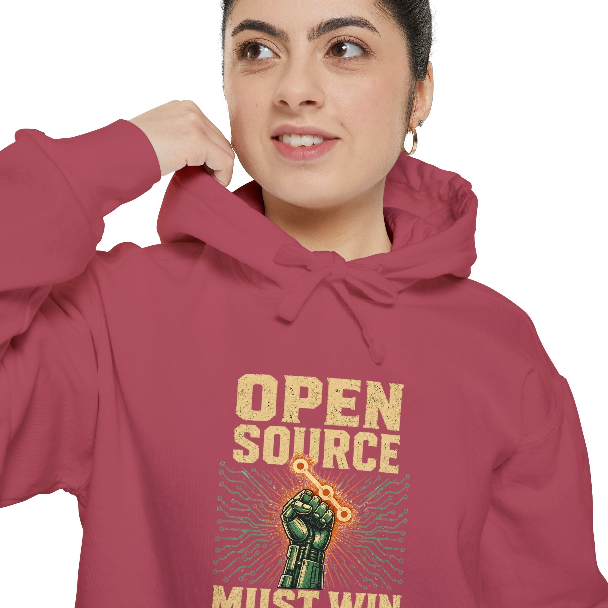 Open Source Must Win — Garment-Dyed Hoodie — Open Source Must Win — robotic fist holding a git branch, vintage propaganda style