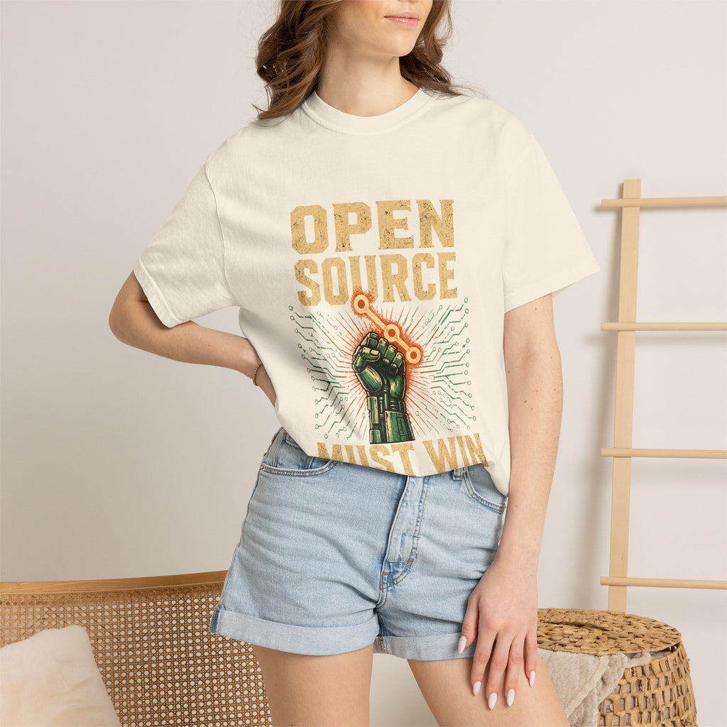 Open Source Must Win — Garment-Dyed Tee — Open Source Must Win — robotic fist holding a git branch, vintage propaganda style