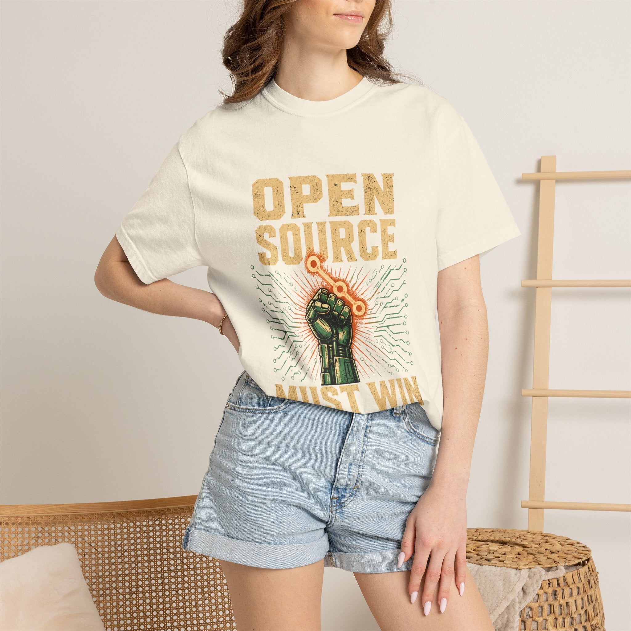 Open Source Must Win — Garment-Dyed Tee — Open Source Must Win — robotic fist holding a git branch, vintage propaganda style