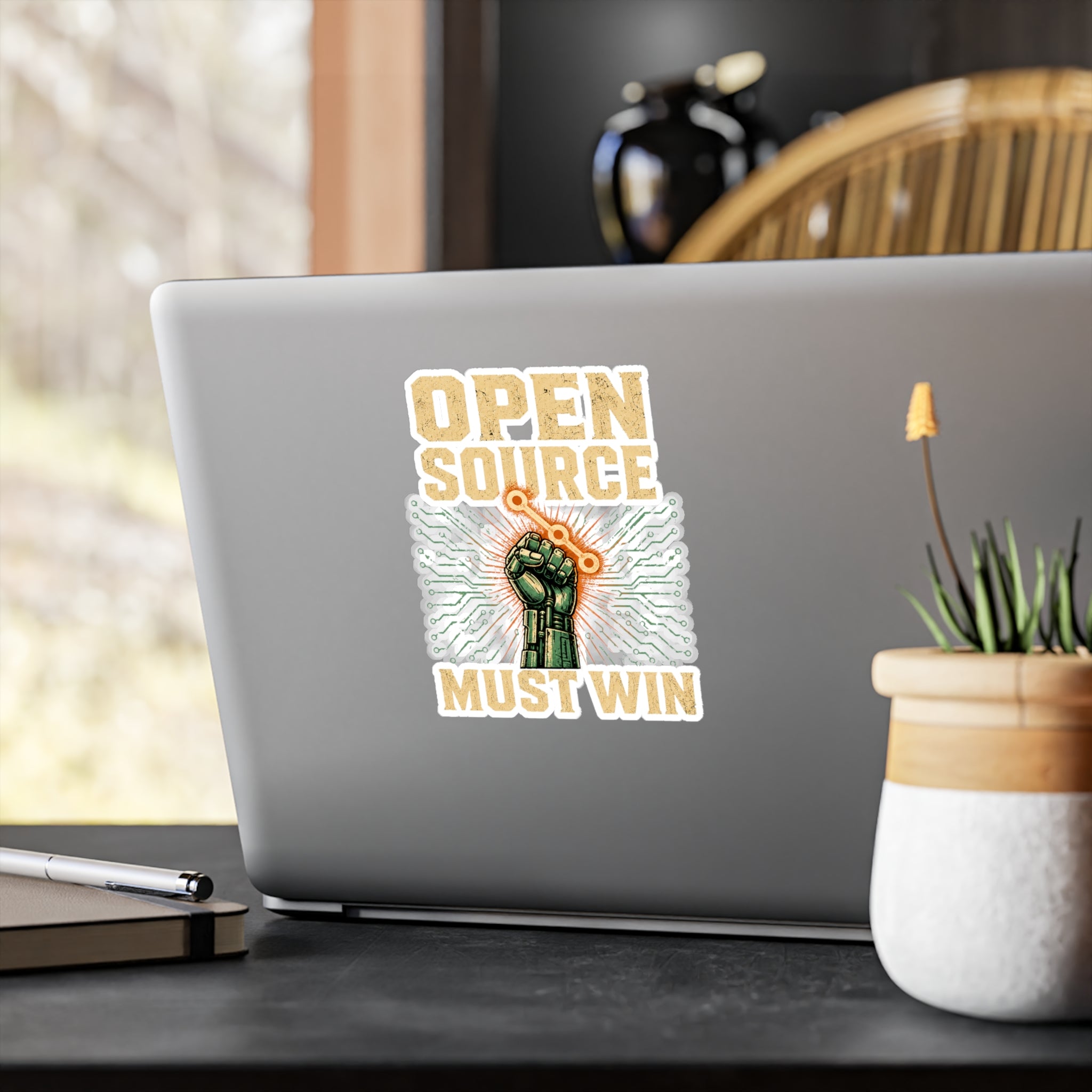 Open Source Must Win — Vinyl Sticker — Open Source Must Win — robotic fist holding a git branch, vintage propaganda style