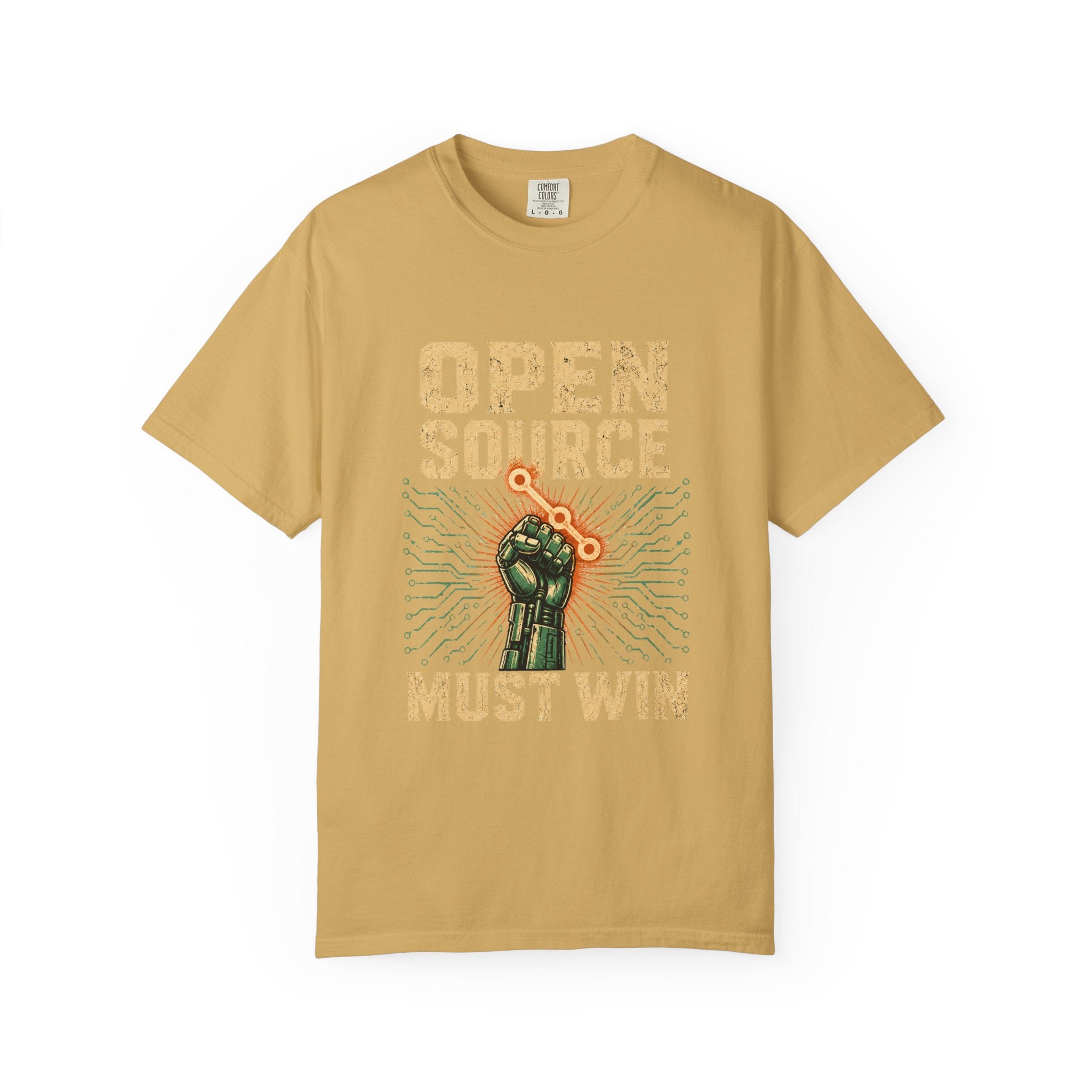 Open Source Must Win — Garment-Dyed Tee — Open Source Must Win — robotic fist holding a git branch, vintage propaganda style