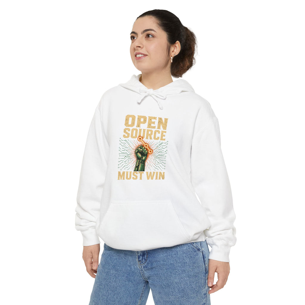 Open Source Must Win — Garment-Dyed Hoodie — Open Source Must Win — robotic fist holding a git branch, vintage propaganda style