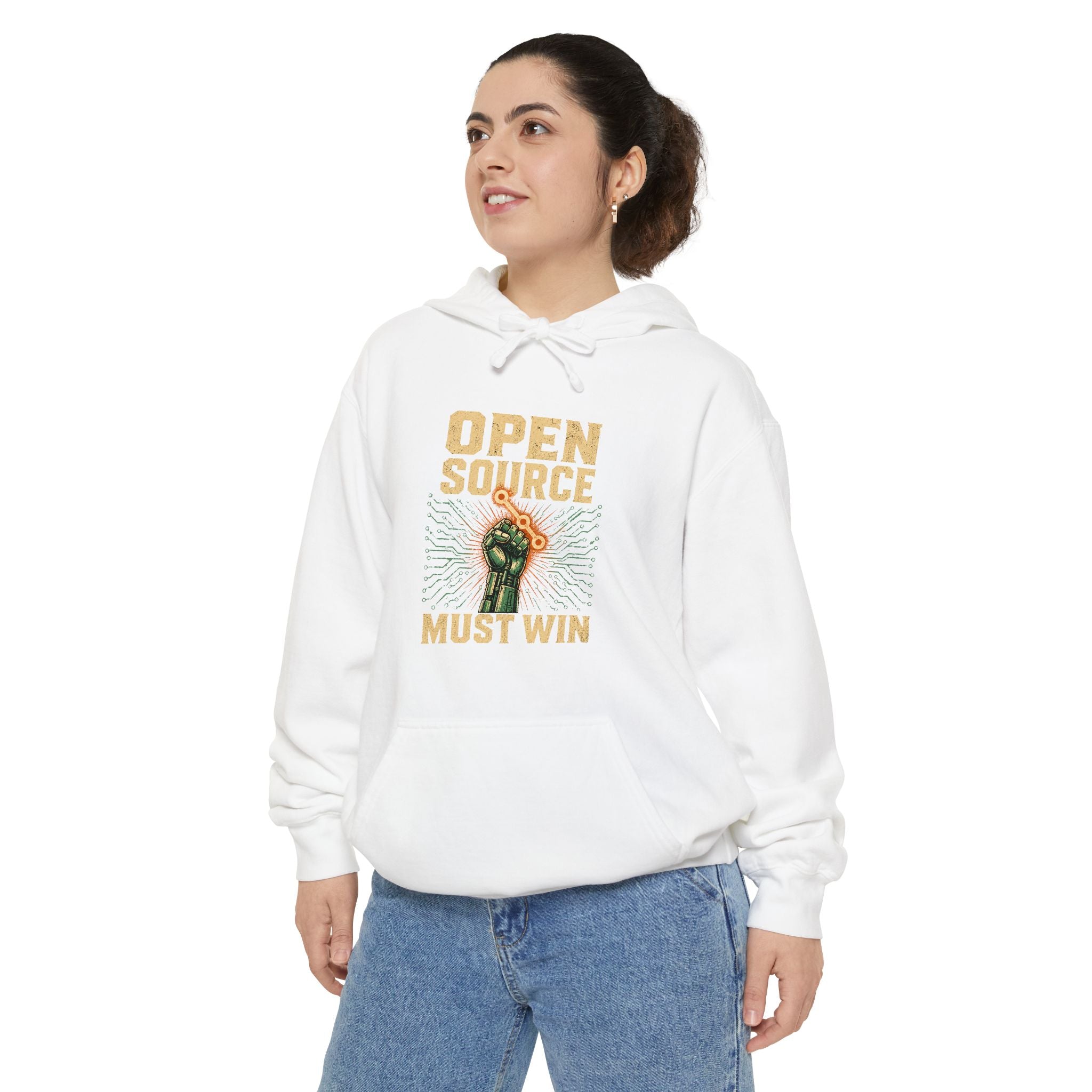 Open Source Must Win — Garment-Dyed Hoodie — Open Source Must Win — robotic fist holding a git branch, vintage propaganda style