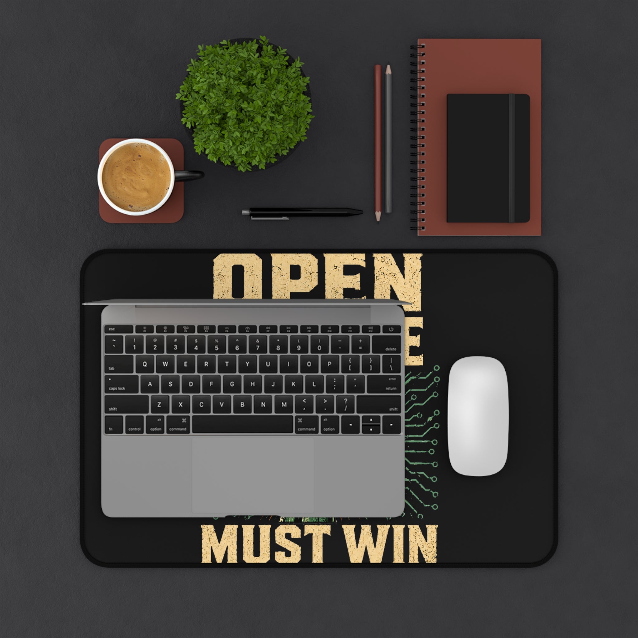 Open Source Must Win — Desk Mat — Open Source Must Win — robotic fist holding a git branch, vintage propaganda style