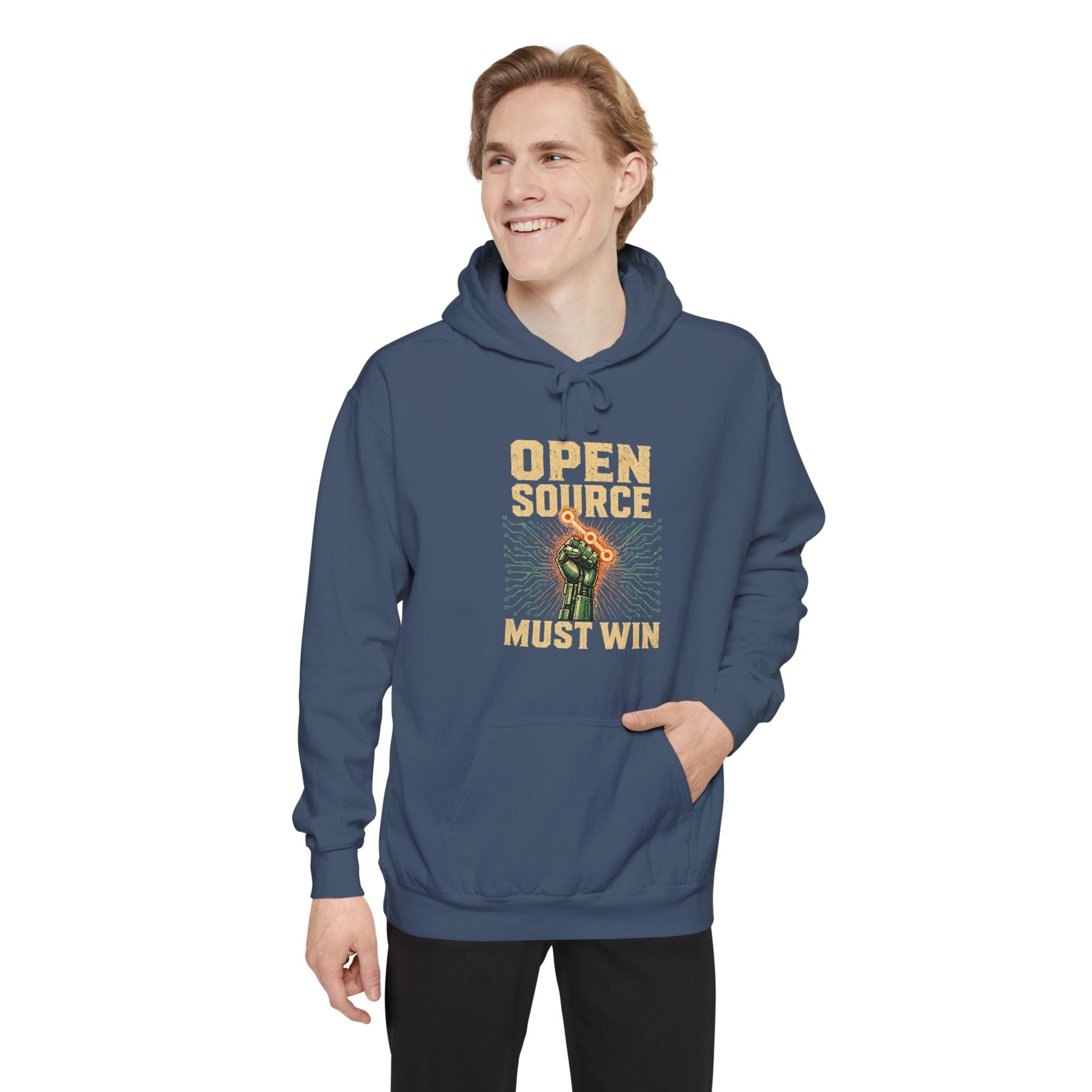 Open Source Must Win — Garment-Dyed Hoodie — Open Source Must Win — robotic fist holding a git branch, vintage propaganda style