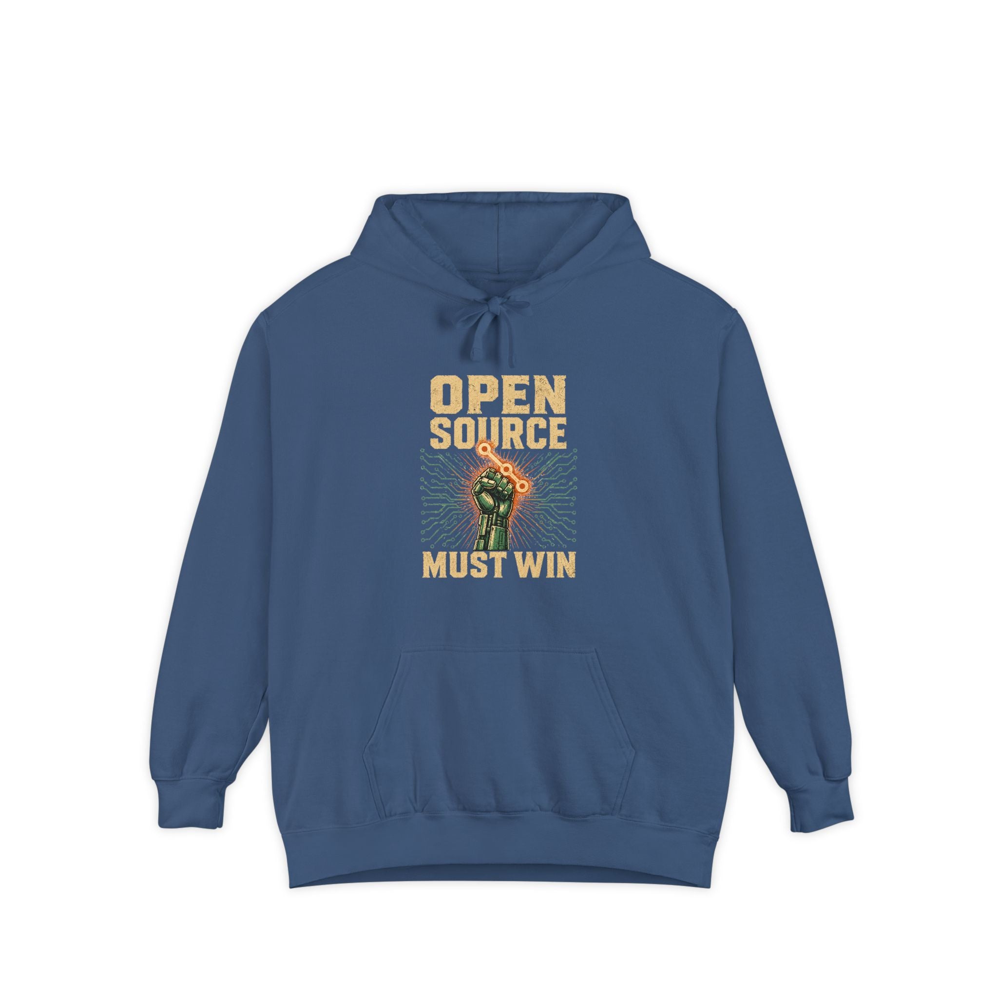 Open Source Must Win — Garment-Dyed Hoodie — Open Source Must Win — robotic fist holding a git branch, vintage propaganda style