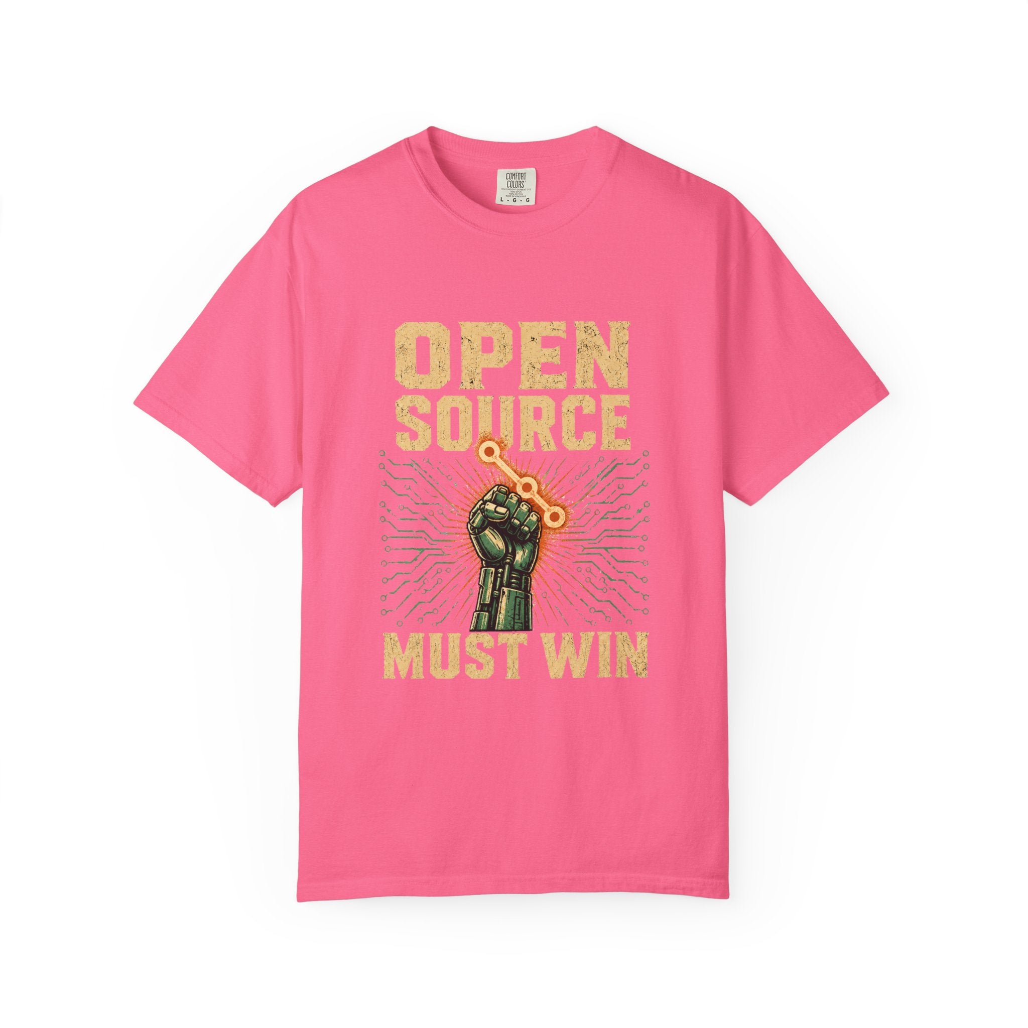 Open Source Must Win — Garment-Dyed Tee — Open Source Must Win — robotic fist holding a git branch, vintage propaganda style