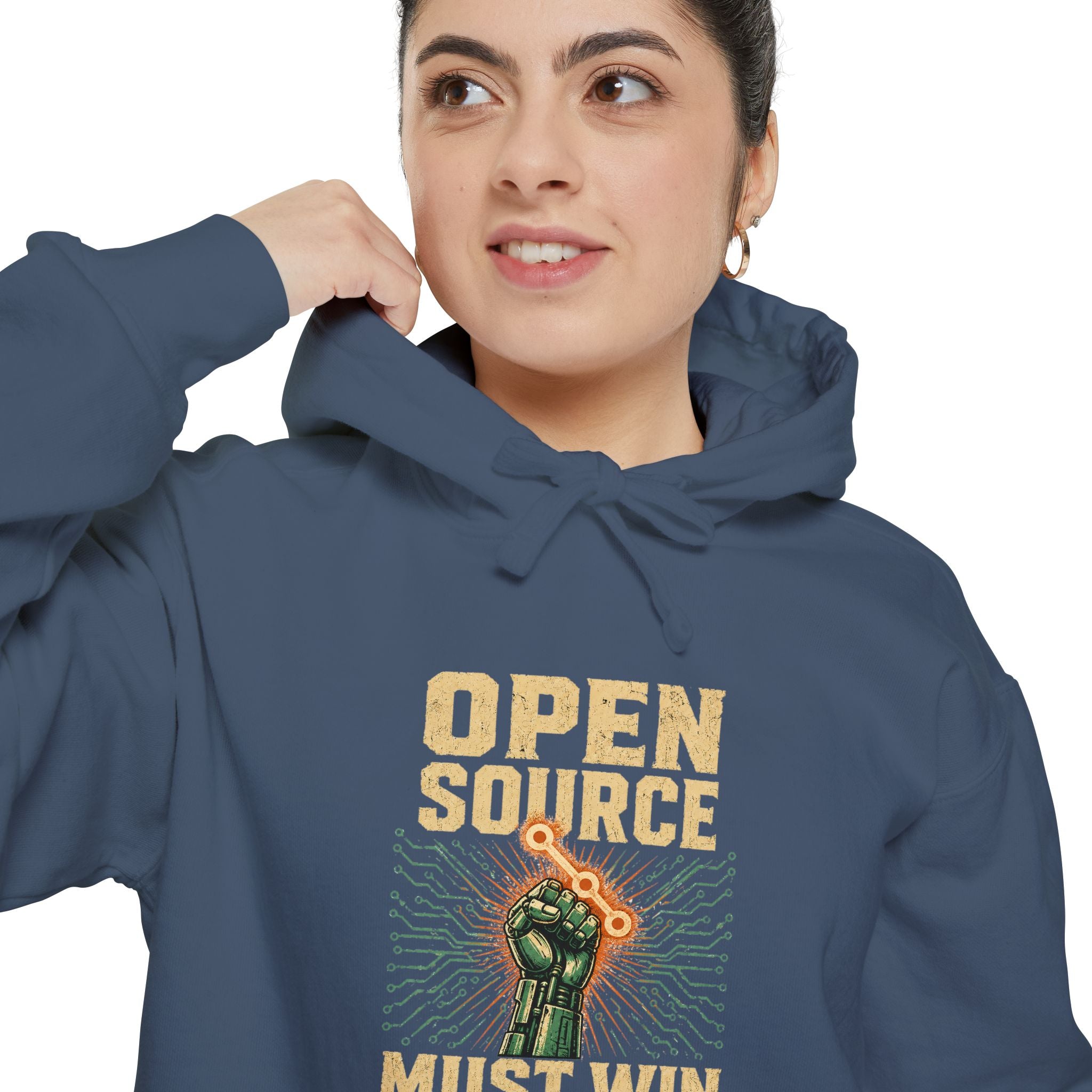 Open Source Must Win — Garment-Dyed Hoodie — Open Source Must Win — robotic fist holding a git branch, vintage propaganda style