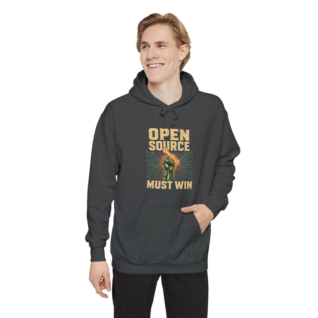 Open Source Must Win — Garment-Dyed Hoodie — Open Source Must Win — robotic fist holding a git branch, vintage propaganda style