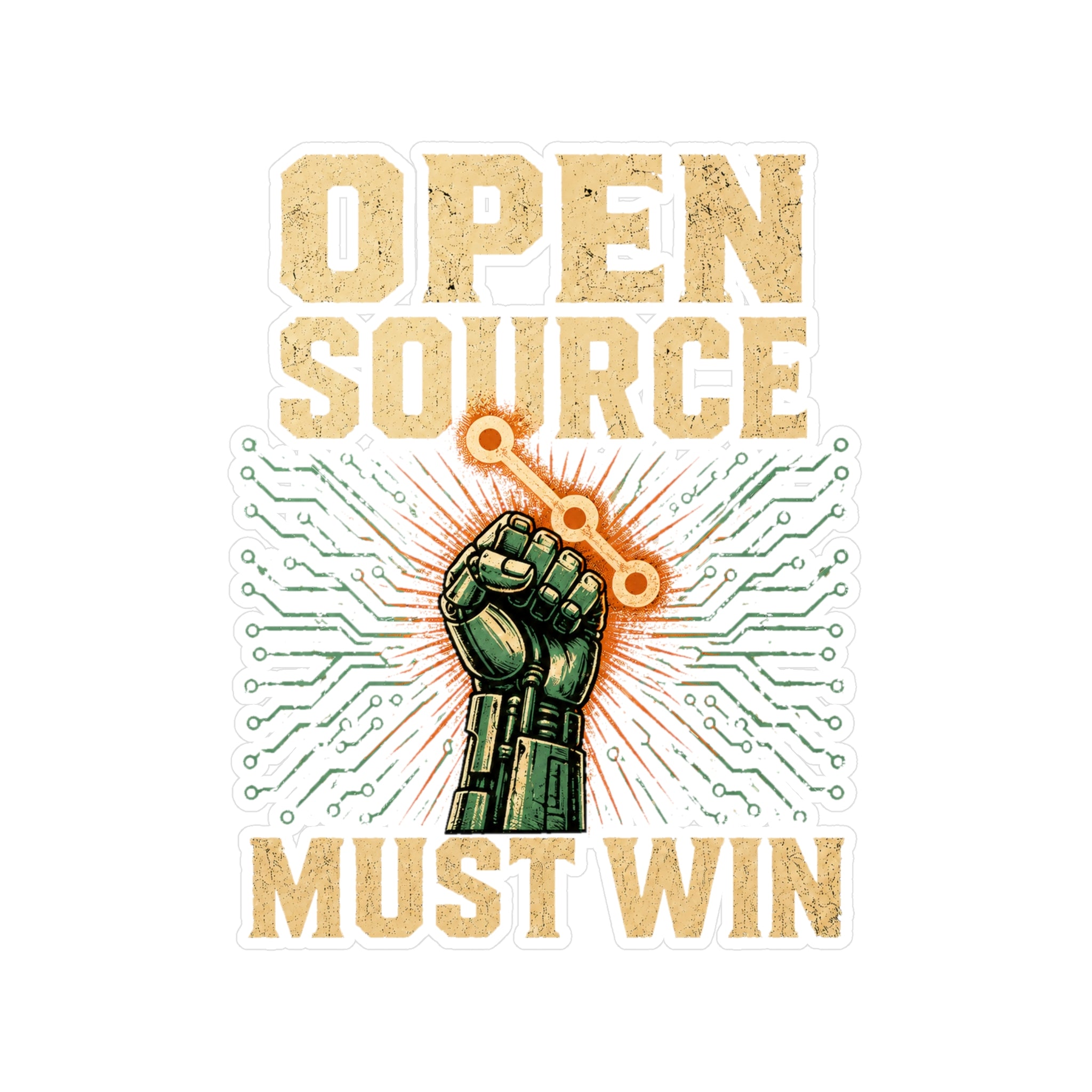 Open Source Must Win — Vinyl Sticker — Open Source Must Win — robotic fist holding a git branch, vintage propaganda style